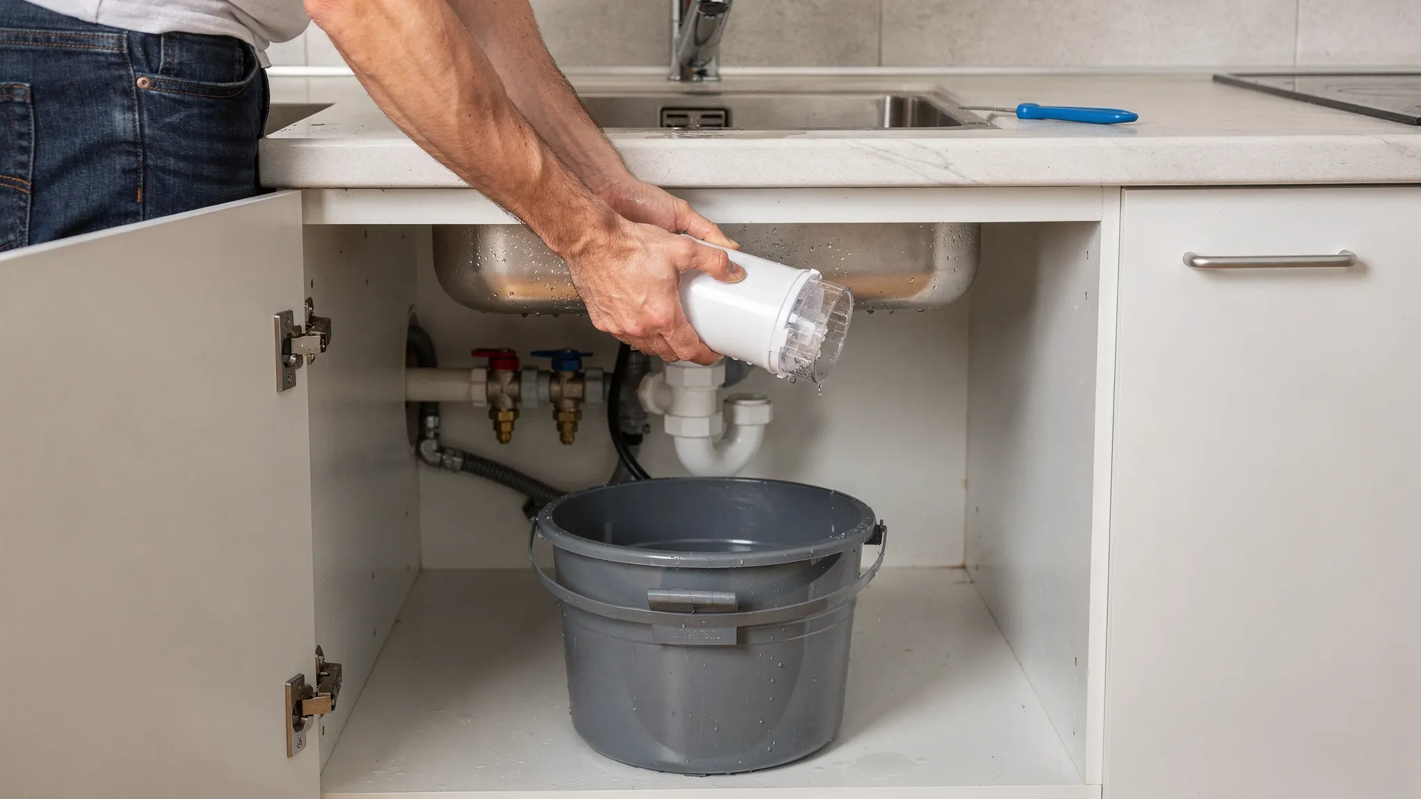 Fotografie realistă cu un dulap de chiuvetă deschis, unde o persoană schimbă un cartuș de filtru de sedimente într-o carcasă transparentă, cu o cheie de carcasă pe raft și o găleată dedesubt pentru a colecta apa reziduală.
