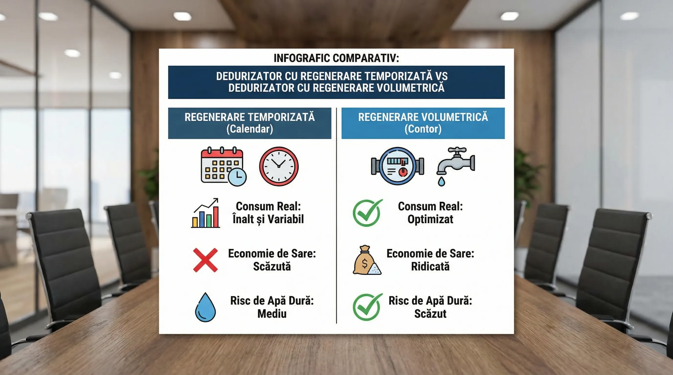 Infografic comparativ: dedurizator cu regenerare temporizată (calendar) vs dedurizator cu regenerare volumetrică (contor), cu accent pe consum real, economie de sare și risc de apă dură.
