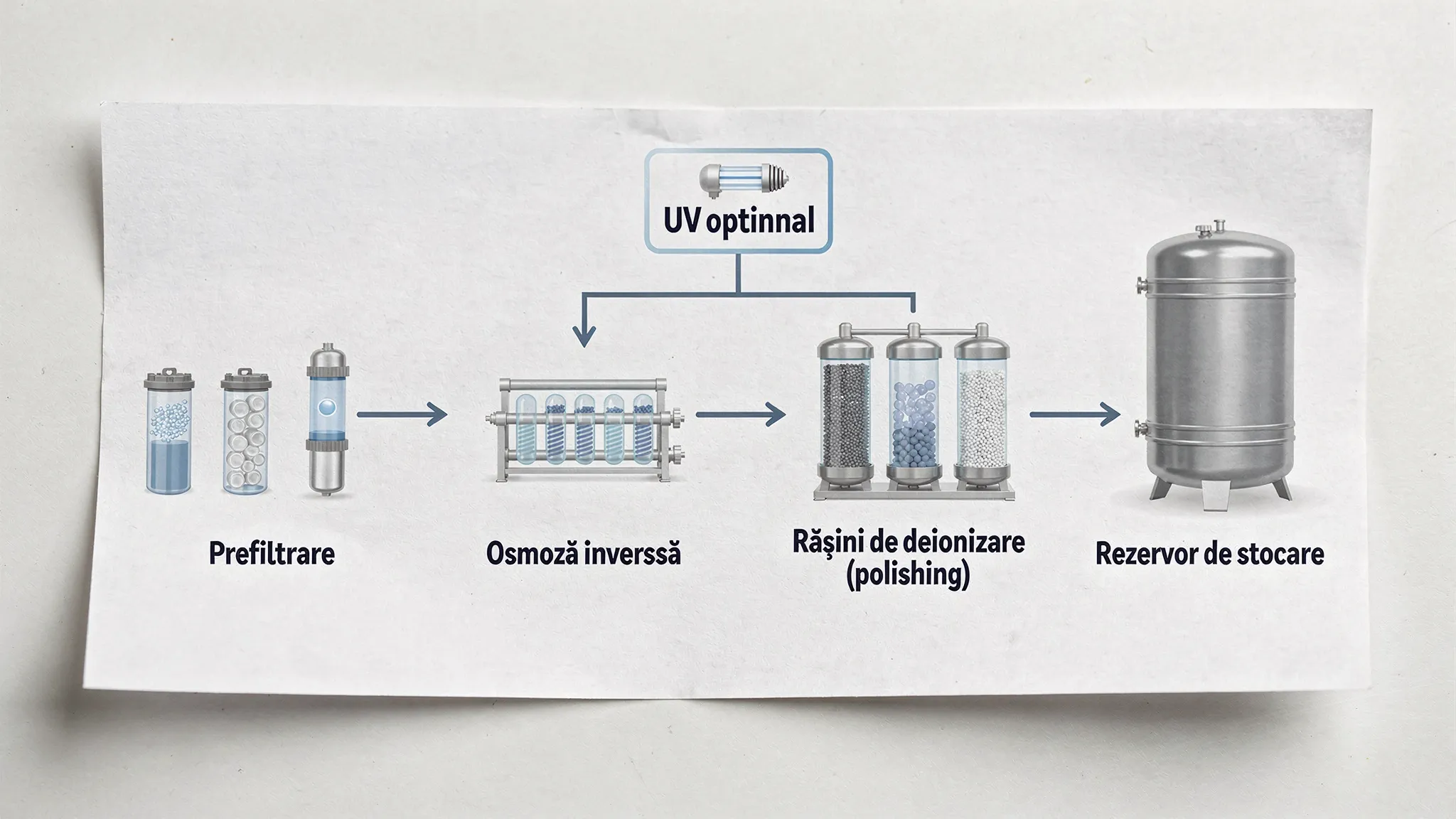Diagramă simplă a unei linii de apă demineralizată: prefiltrare, osmoză inversă, rășini de deionizare (polishing), UV opțional și rezervor de stocare.