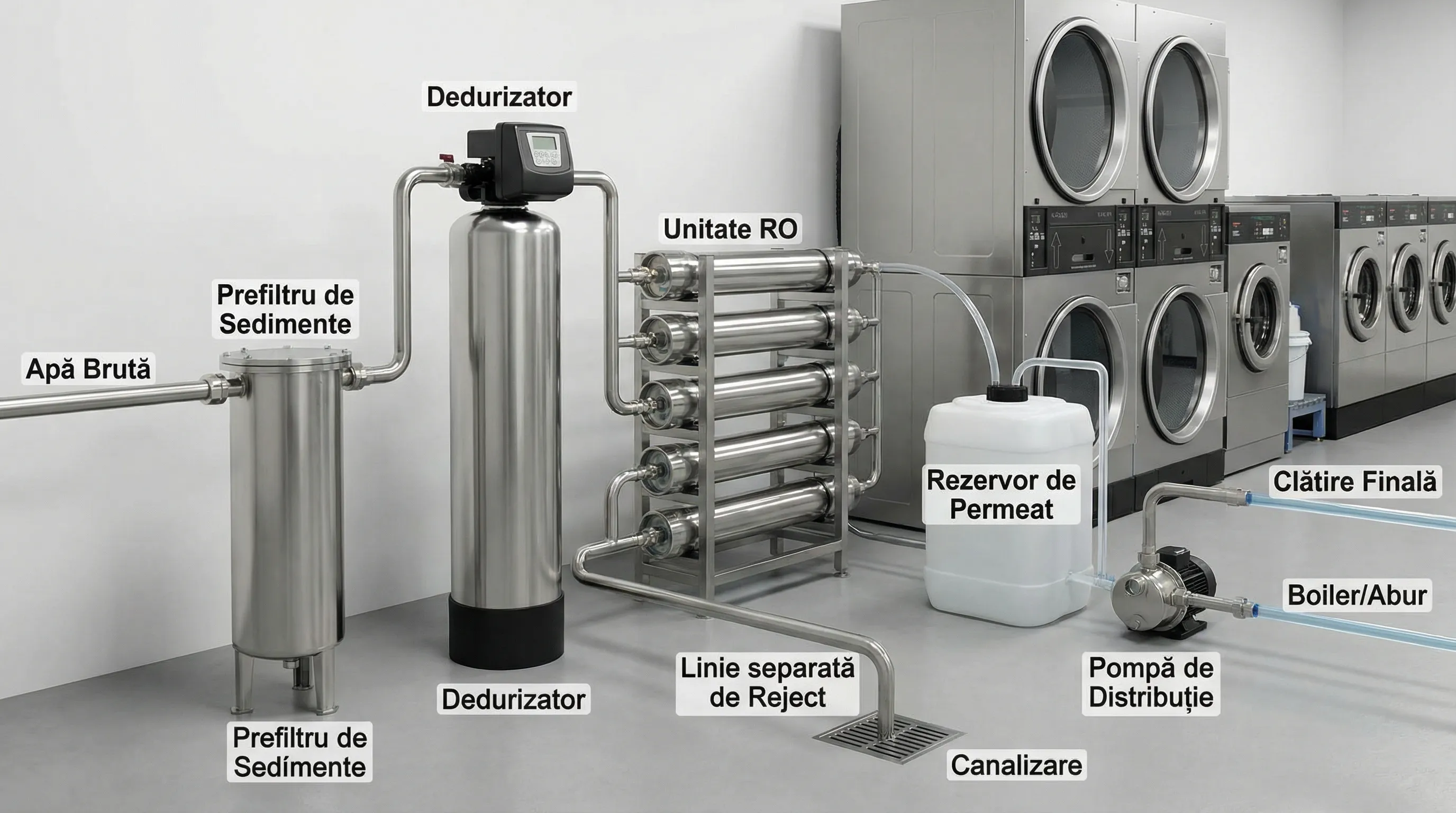 Schemă simplificată a unei instalații de osmoză inversă pentru spălătorie: apă brută intră în prefiltru de sedimente, apoi dedurizator, apoi unitate RO, cu rezervor de permeat și pompă de distribuție către clătire finală și boiler/abur; linie separată de reject către canalizare.