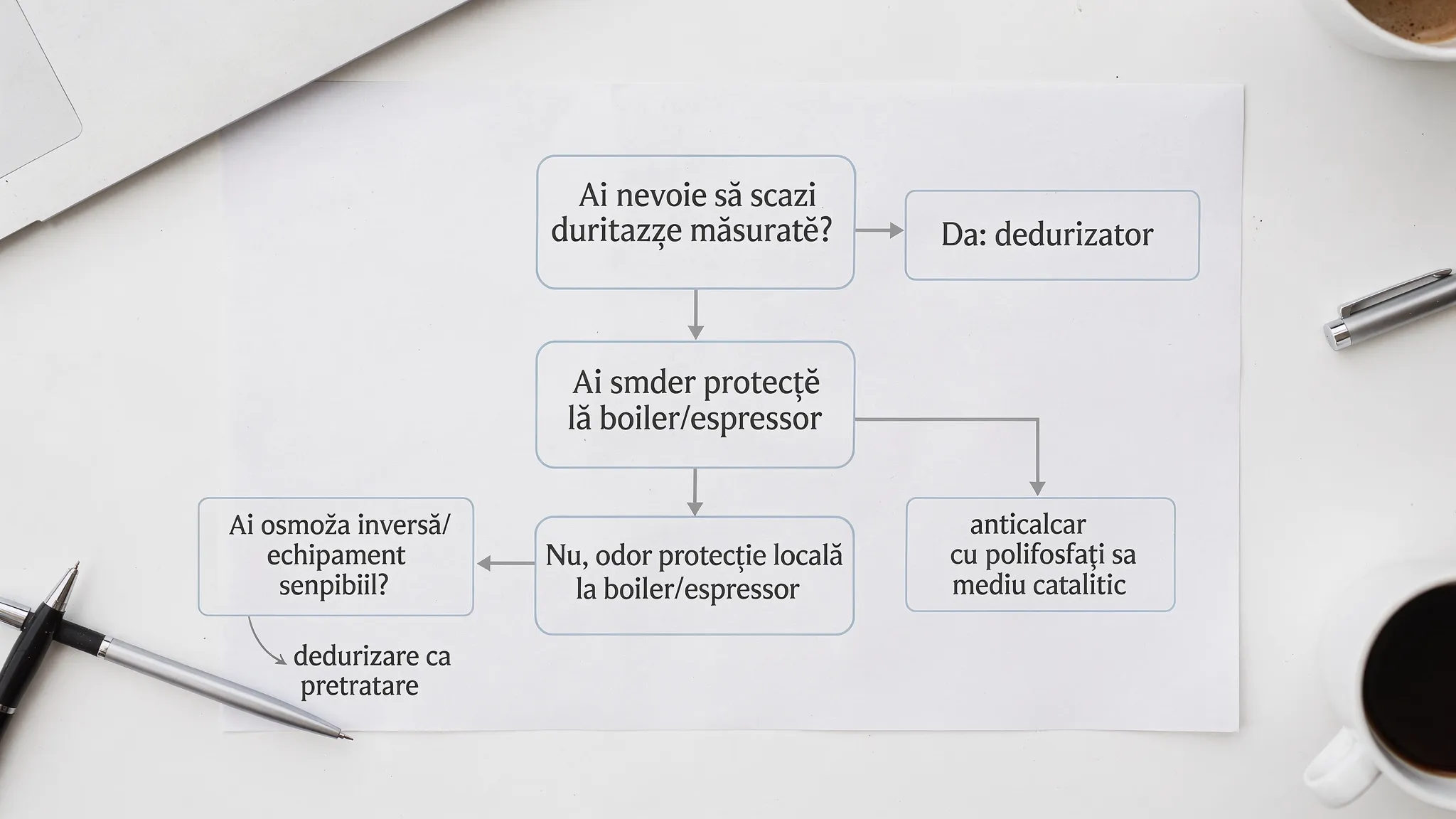 Diagramă simplă tip flux cu 4 casete: „Ai nevoie să scazi duritatea măsurată?” -> „Da: dedurizator”; „Nu, doar protecție locală la boiler/espressor” -> „anticalcar cu polifosfați sau mediu catalitic”; plus o casetă „Ai osmoză inversă/echipament sensibil?” -> „dedurizare ca pretratare”.
