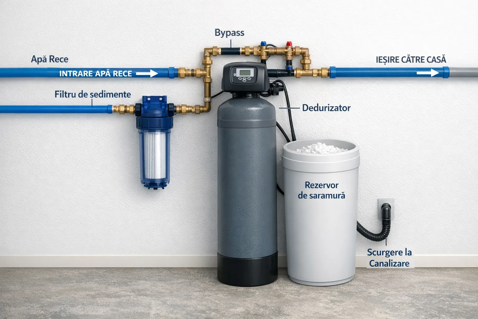 Schemă simplă a unei instalații rezidențiale: alimentare apă rece intră într-un filtru de sedimente, apoi într-un dedurizator cu rezervor de saramură, cu by-pass și ieșire către casă, plus o scurgere către canalizare pentru regenerare.