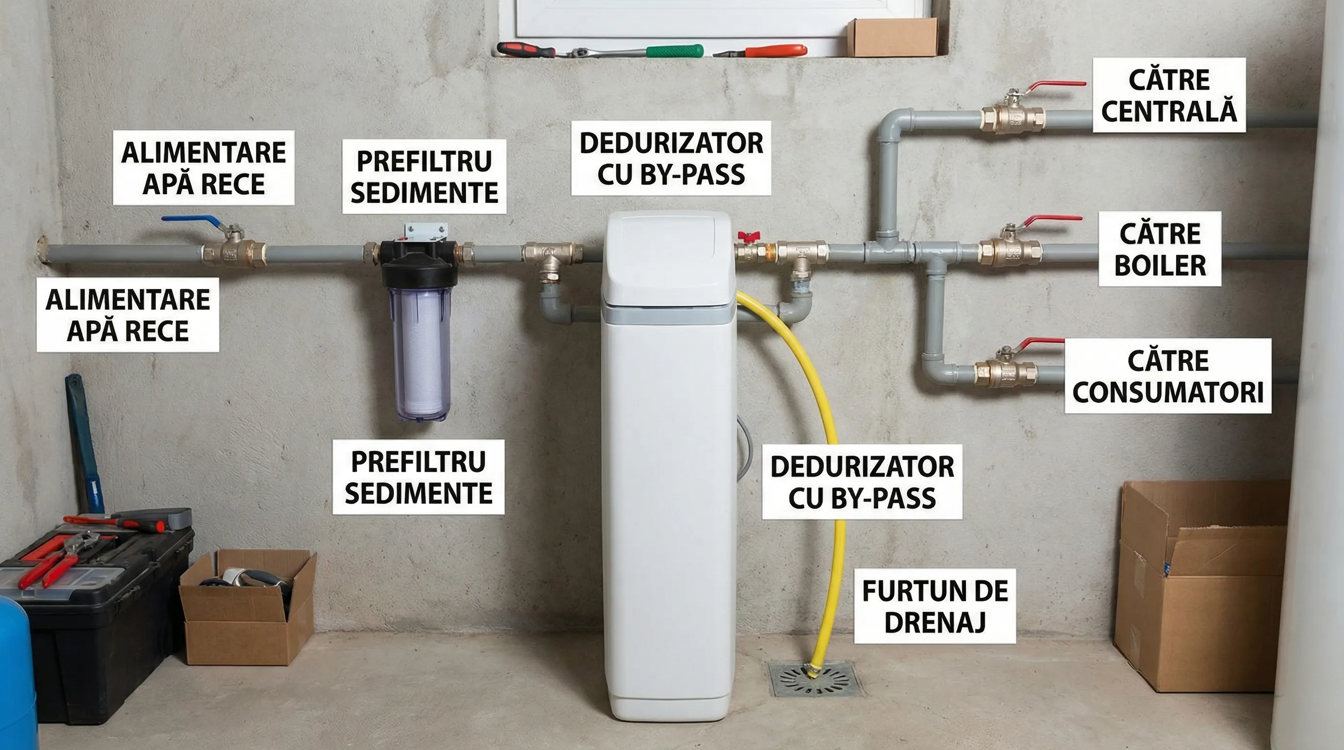 Schemă simplificată de instalare pentru protecția centralei și a boilerului: alimentare apă rece, prefiltru sedimente, dedurizator cu by-pass și furtun de drenaj, apoi distribuție către centrală, boiler și consumatori.