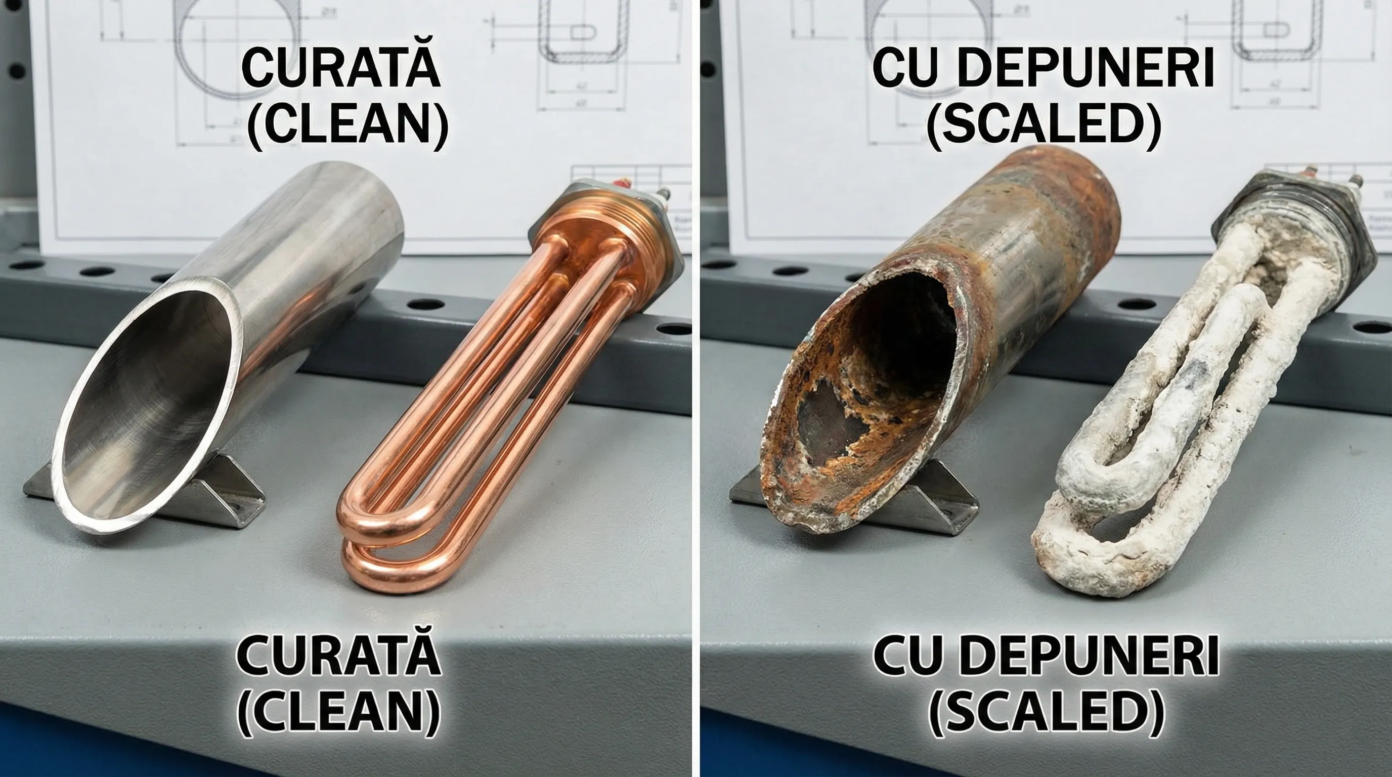 Secțiune tehnică a unui schimbător de căldură și o rezistență de boiler, prezentate comparativ: una curată și una cu depuneri groase de calcar, pentru a ilustra efectul durității asupra suprafețelor încălzite.