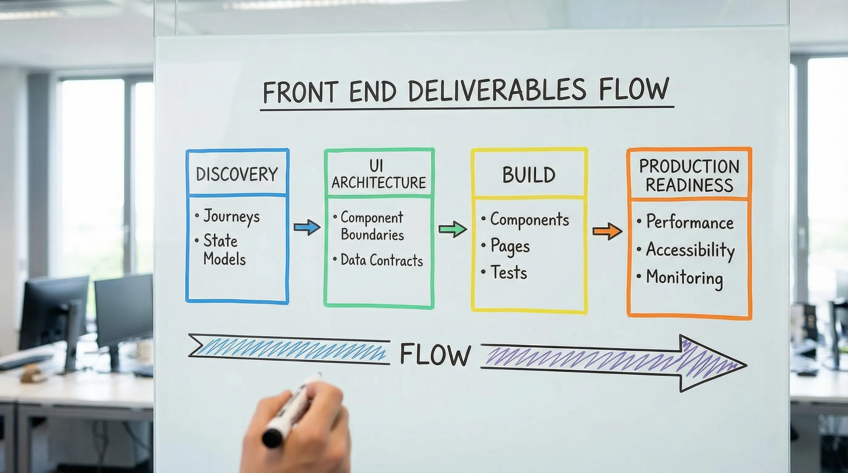 A simple four-stage diagram showing front end deliverables flowing from Discovery (journeys and state models) to UI Architecture (component boundaries and data contracts) to Build (components, pages, tests) to Production Readiness (performance, accessibility, monitoring).