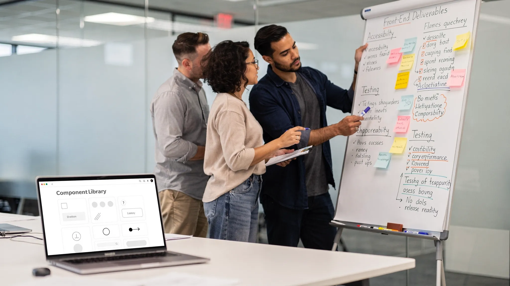 A product team reviewing a front end deliverables checklist on a whiteboard alongside a laptop showing a component library page, focusing on accessibility, performance, testing, and release readiness. The laptop screen faces the viewer and shows generic UI cards with no readable brand text.