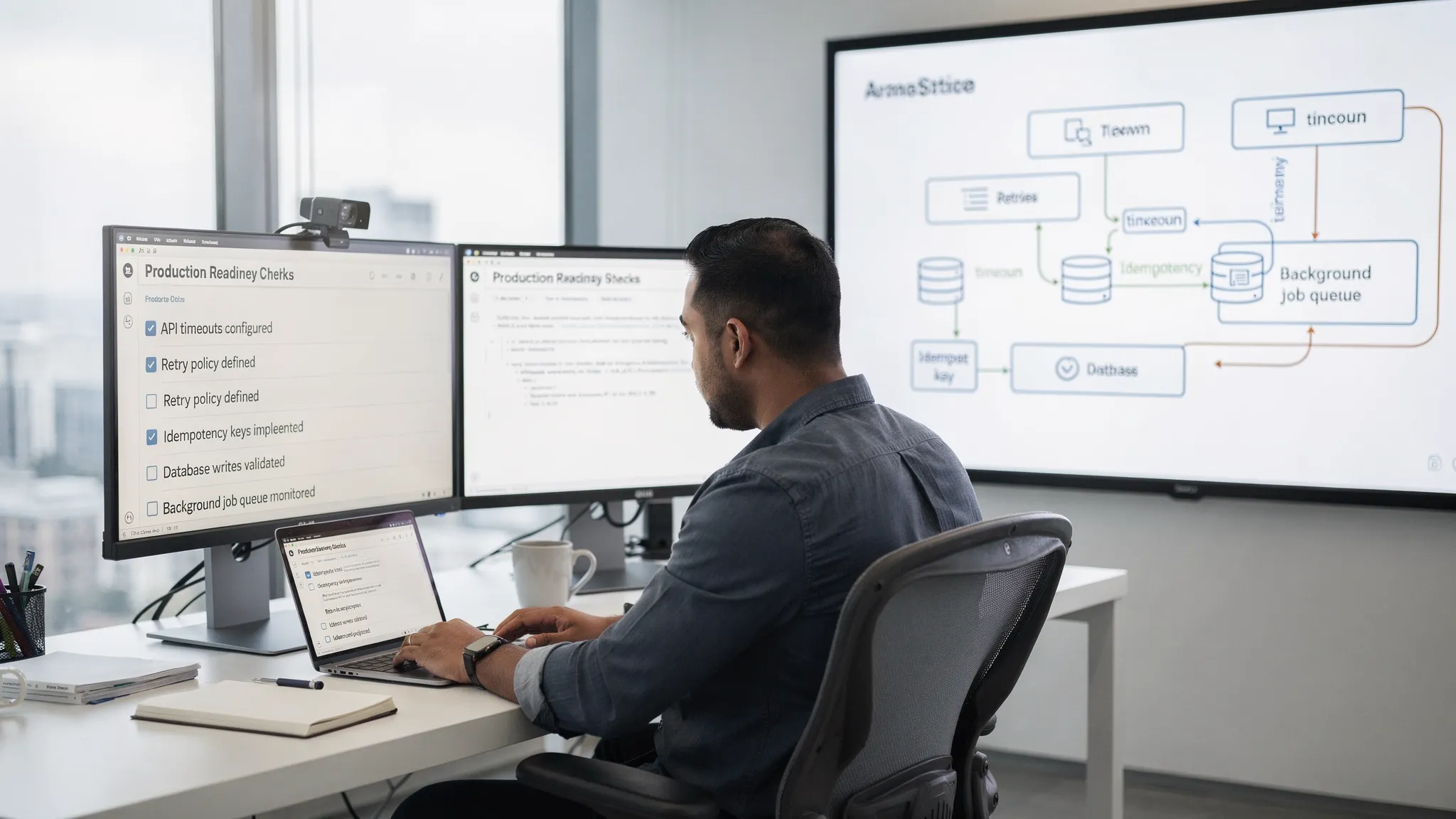 A software engineer reviewing a production readiness checklist next to a simplified diagram showing API calls with timeouts, retries, and idempotency keys, plus a database write and a background job queue.