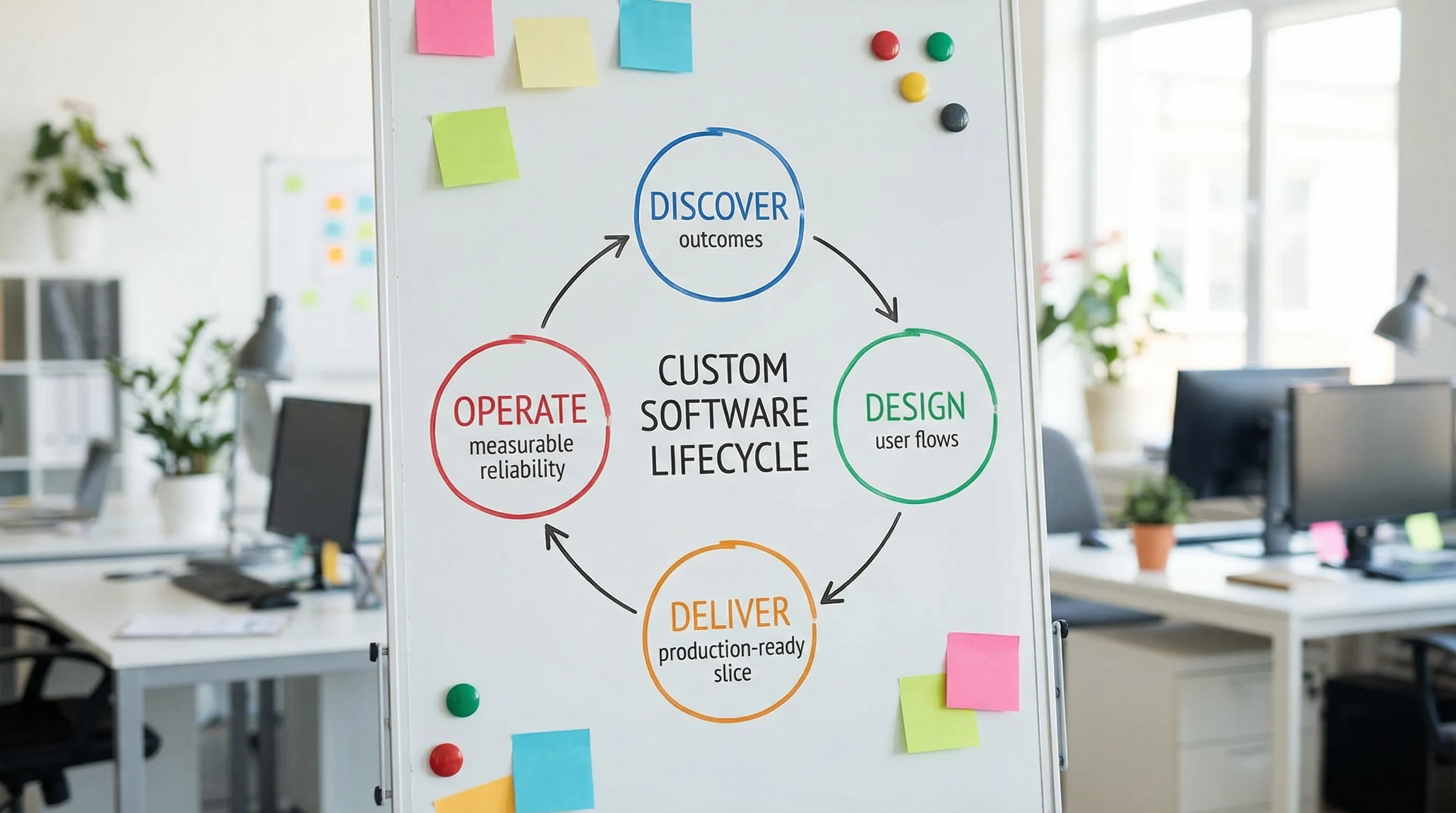 Simple loop diagram showing the custom software lifecycle with four labeled steps in a circle: Discover, Design, Deliver, Operate. Each step has a short subtitle: outcomes, user flows, production-ready slice, measurable reliability.