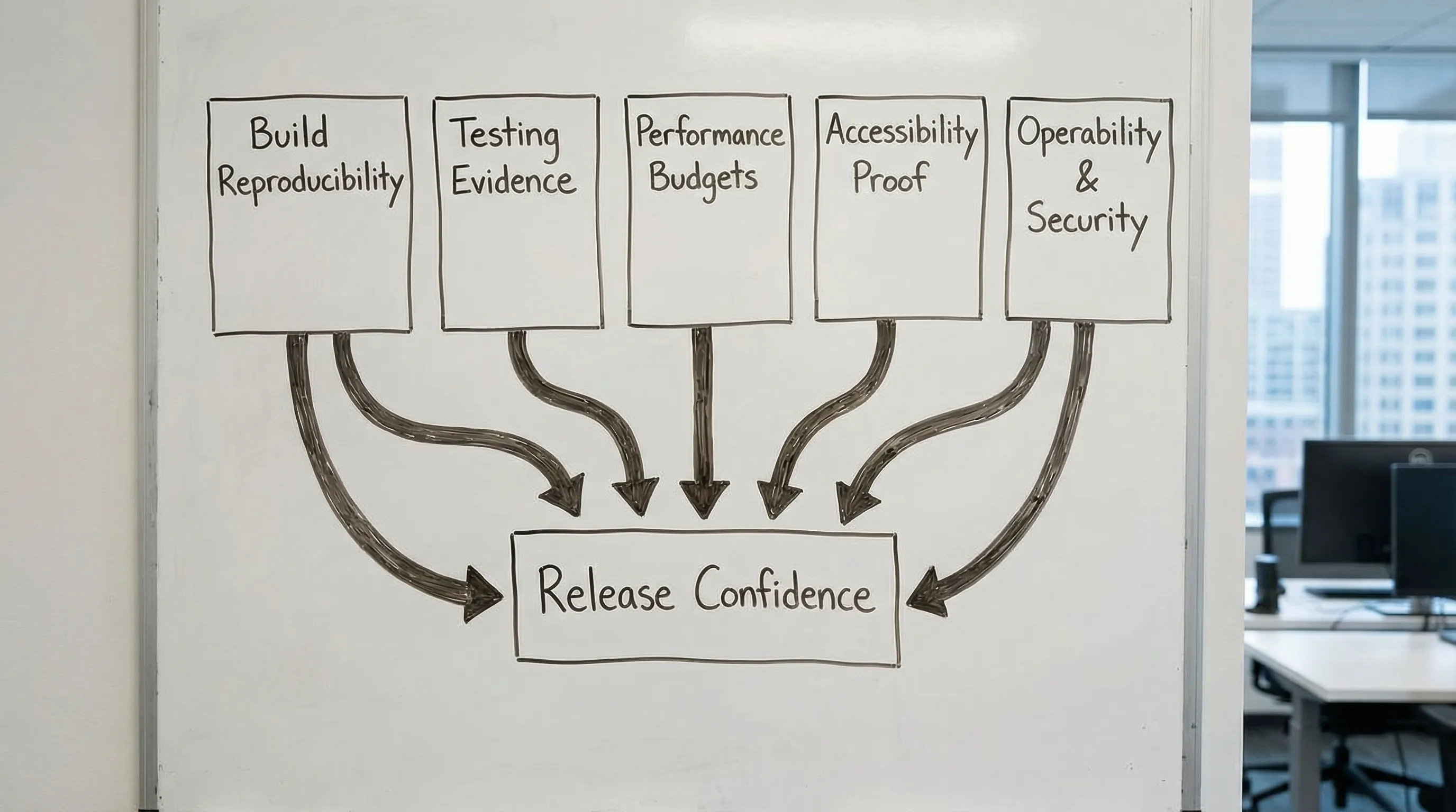 A simple diagram showing five pillars labeled Build Reproducibility, Testing Evidence, Performance Budgets, Accessibility Proof, and Operability & Security, with arrows pointing to a central box labeled “Release Confidence”.