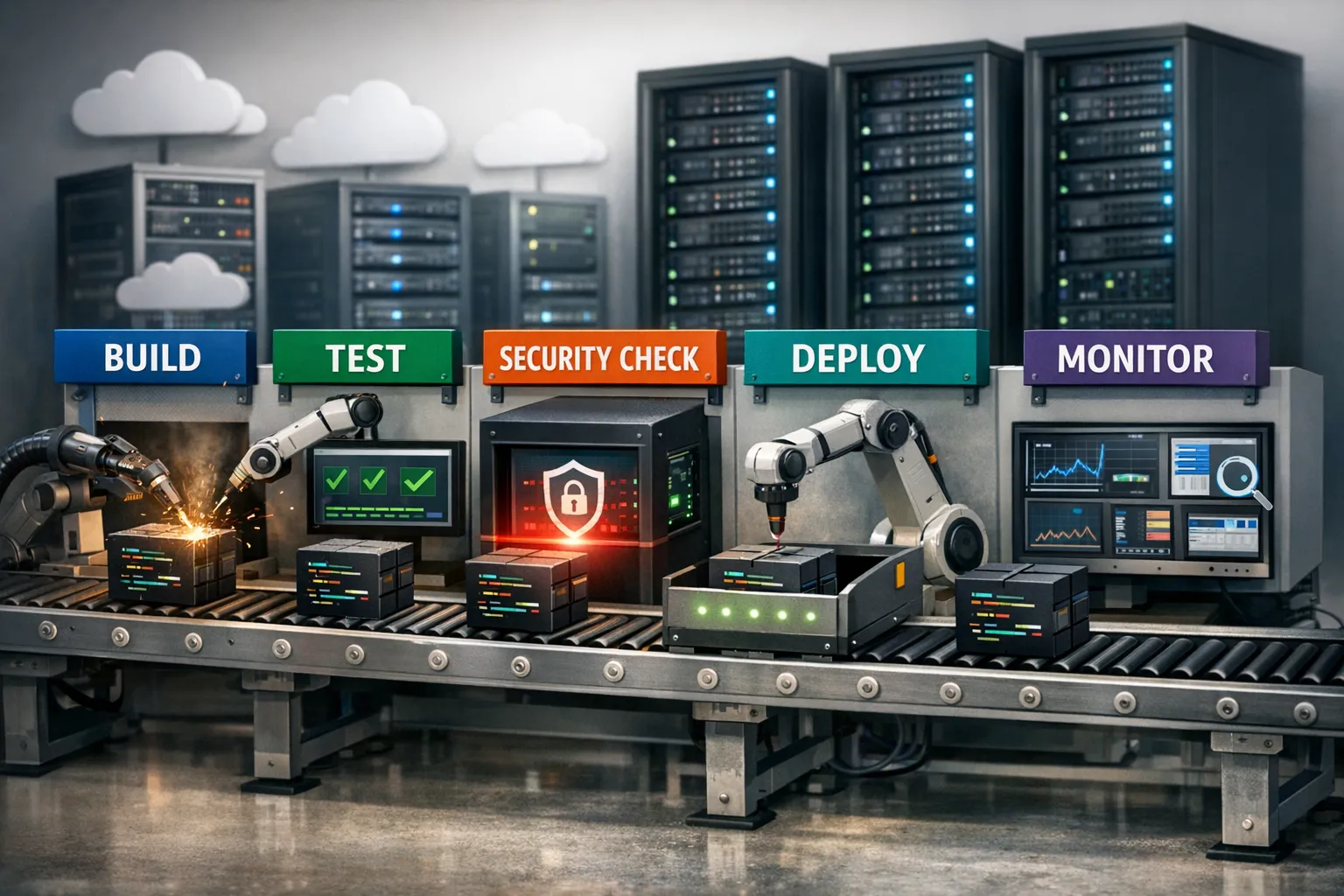 A conceptual illustration of automated software delivery: a factory-style conveyor belt moving small code packages through stations labeled Build, Test, Security Check, Deploy, and Monitor, with cloud icons and server icons in the background.