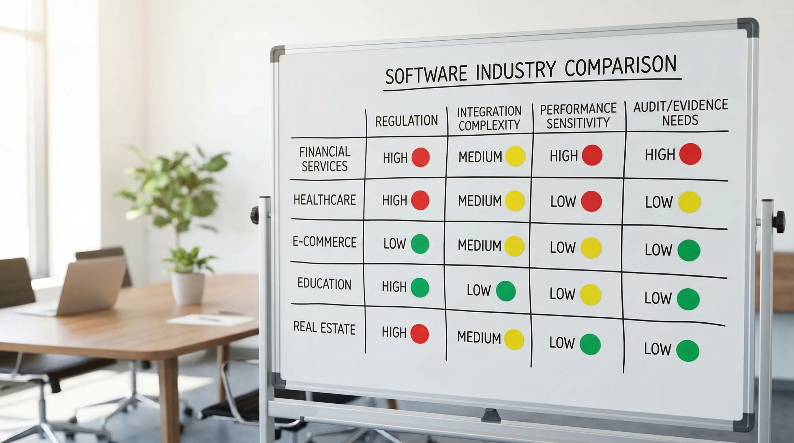 A simple matrix diagram comparing five software industries (financial services, healthcare, e-commerce, education, real estate) across four axes: regulation, integration complexity, performance sensitivity, and audit/evidence needs.