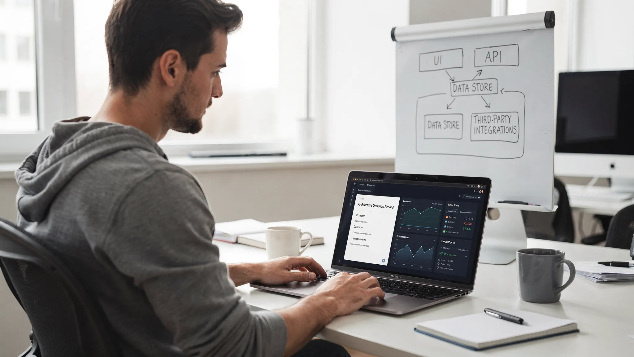 A backend engineer reviewing an architecture decision record and a monitoring dashboard on a laptop screen (screen facing the viewer), with a small whiteboard showing key system boundaries: UI, API, data store, and third-party integrations.