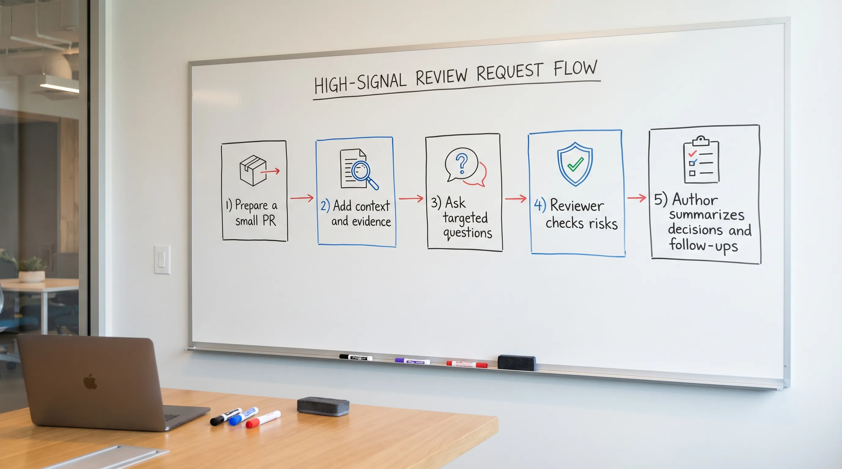 Simple diagram showing a high-signal review request flow: 1) Prepare a small PR, 2) Add context and evidence, 3) Ask targeted questions, 4) Reviewer checks risks, 5) Author summarizes decisions and follow-ups.