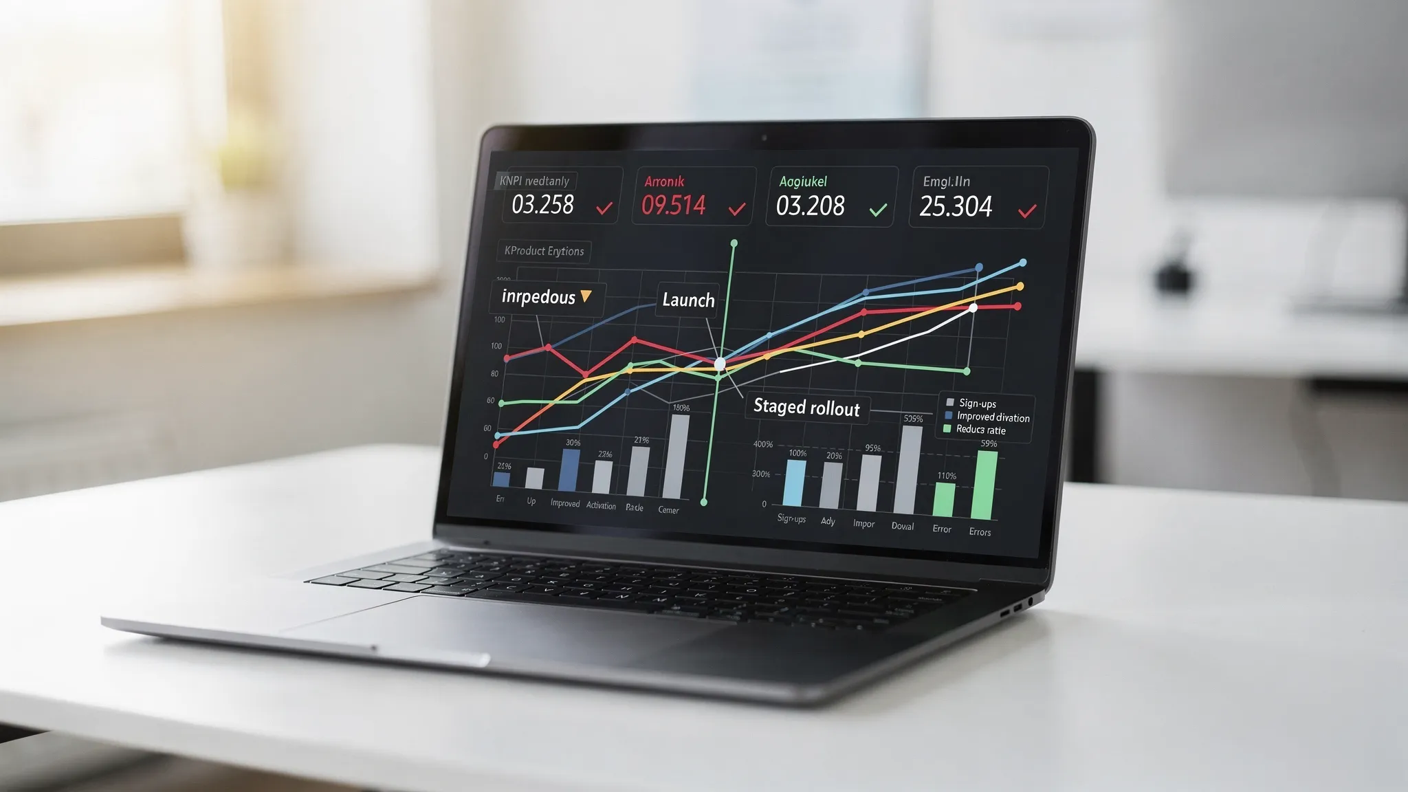 A product analytics dashboard mockup on a laptop screen showing key KPIs like sign-ups, activation rate, and error rate trending downward after launch, with annotations highlighting improvements after a staged rollout.