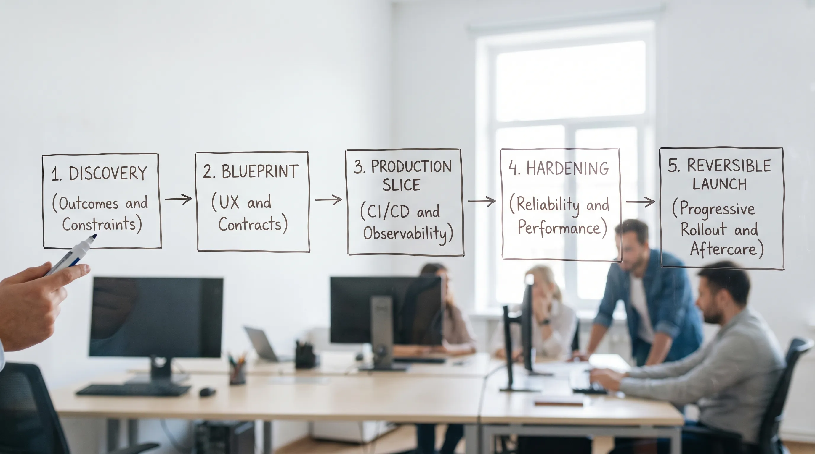 A simple five-step flow diagram showing software solutions development: Discovery (outcomes and constraints) to Blueprint (UX and contracts) to Production Slice (CI/CD and observability) to Hardening (reliability and performance) to Reversible Launch (progressive rollout and aftercare).