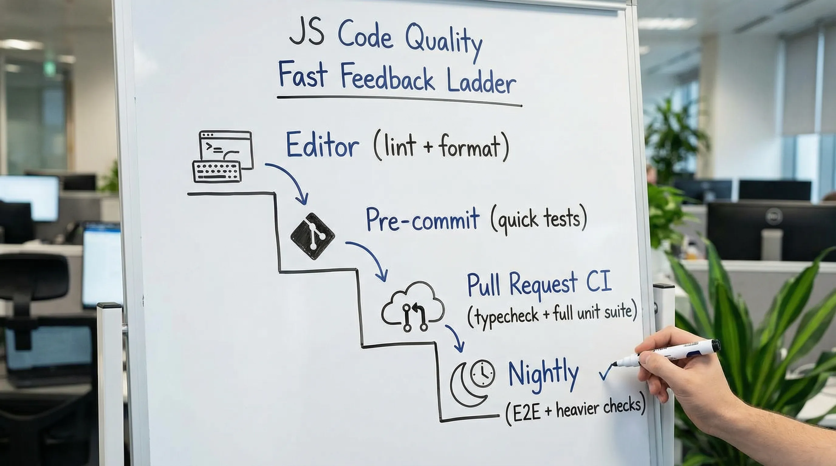 A simple four-step diagram titled “JS Code Quality Fast Feedback Ladder” showing levels: Editor (lint + format), Pre-commit (quick tests), Pull Request CI (typecheck + full unit suite), Nightly (E2E + heavier checks).