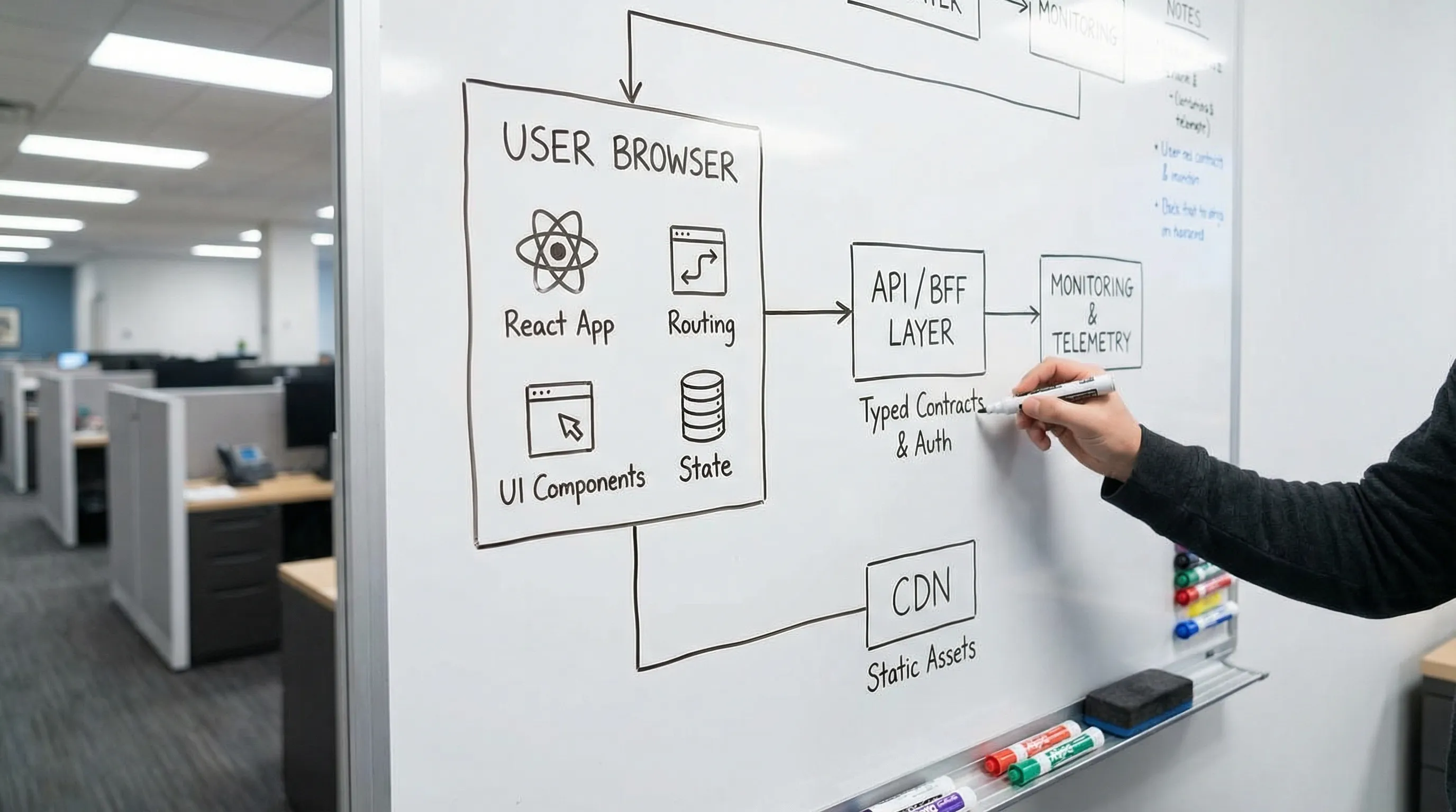 A simple architecture blueprint diagram showing a user browser running a React app (routing + UI components + state), calling an API or BFF layer with typed contracts and auth, with telemetry flowing to monitoring, and static assets served via CDN.