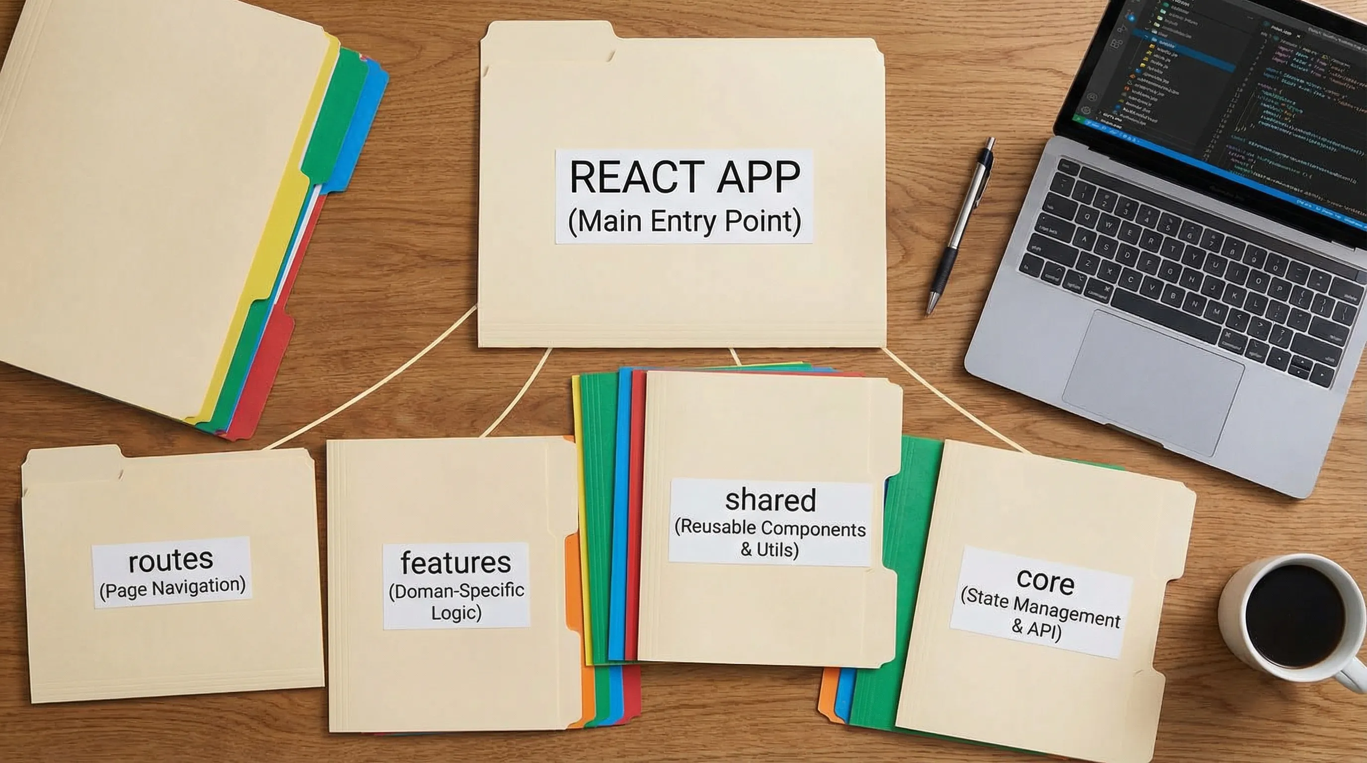 An illustrative folder tree for a React front end showing app, routes, features, shared, and core directories with short labels describing responsibilities.
