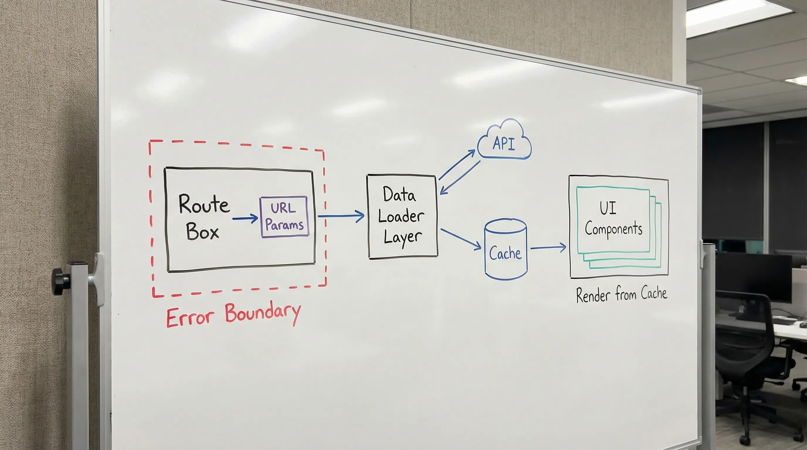 A simple architecture diagram showing a route box reading URL params, calling a data loader layer, which talks to an API and populates a cache, then UI components render from the cache. Include an error boundary around the route section.
