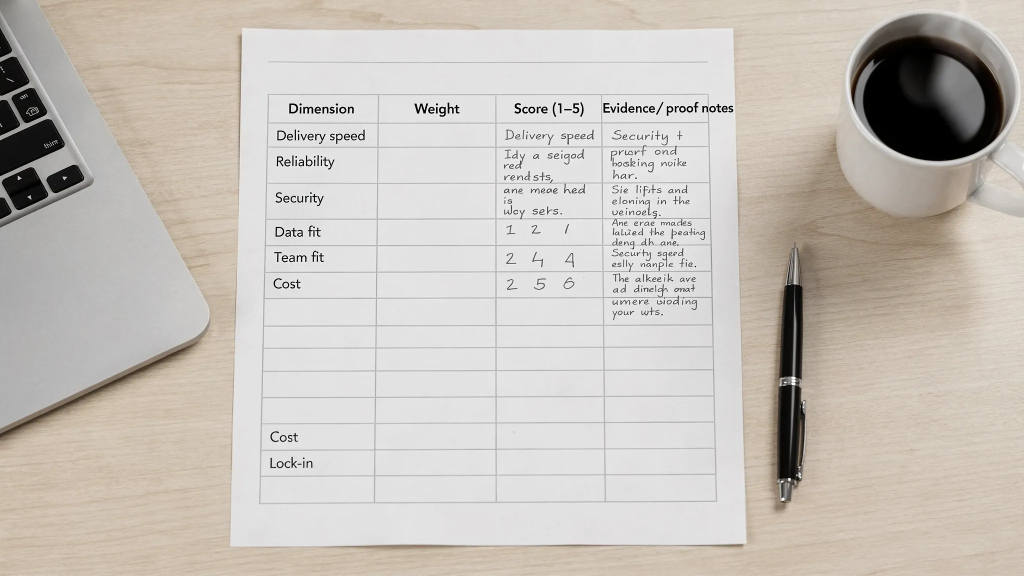 A clean, printable software technology stack selection scorecard worksheet on a desk, showing rows for dimensions like delivery speed, reliability, security, data fit, team fit, cost, and lock-in, with columns for weights, scores 1-5, and evidence/proof notes.