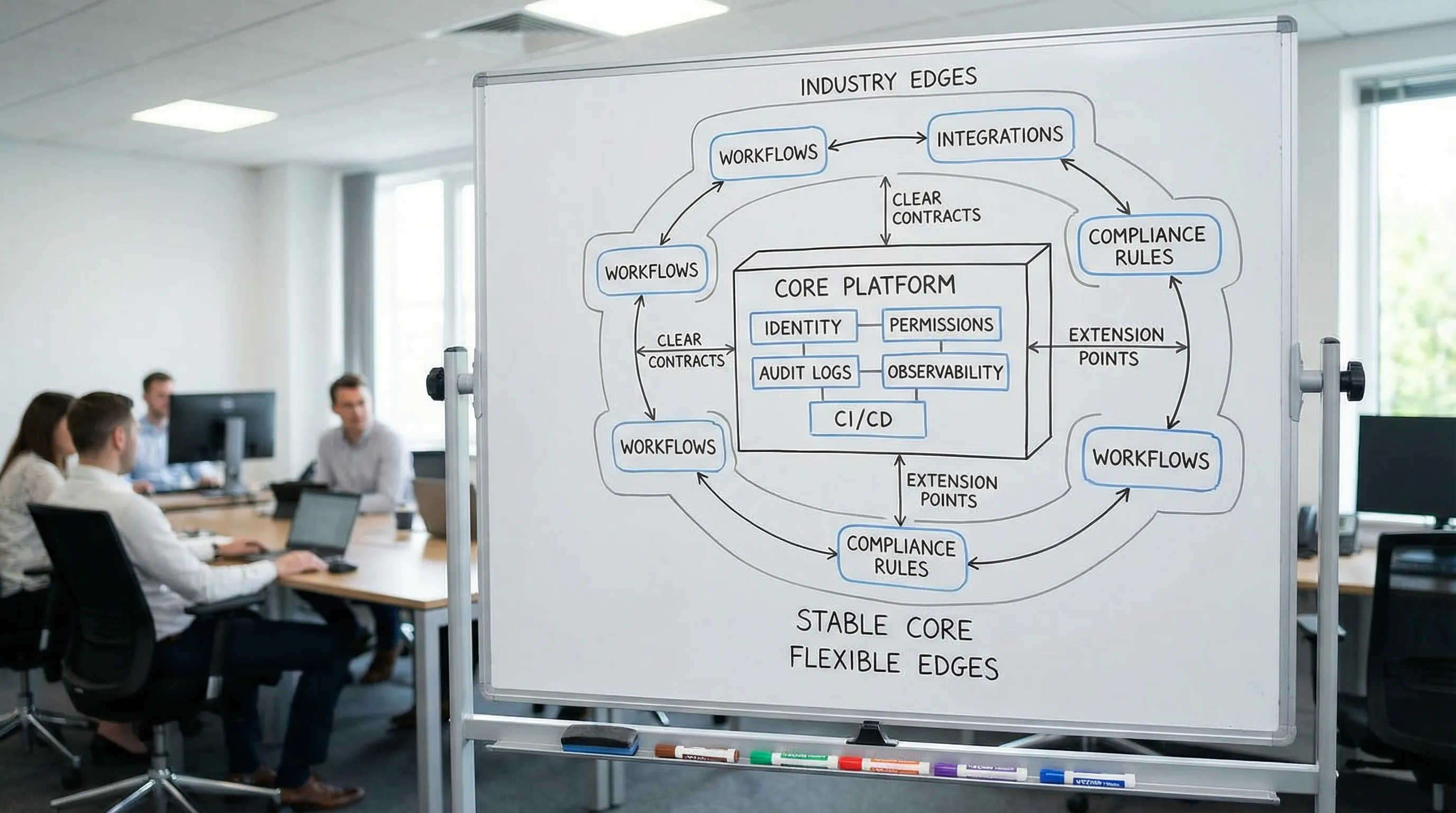 Diagram showing a stable “Core Platform” layer (identity, permissions, audit logs, observability, CI/CD) surrounded by “Industry Edges” (workflows, integrations, compliance rules) connected via clear contracts and extension points.