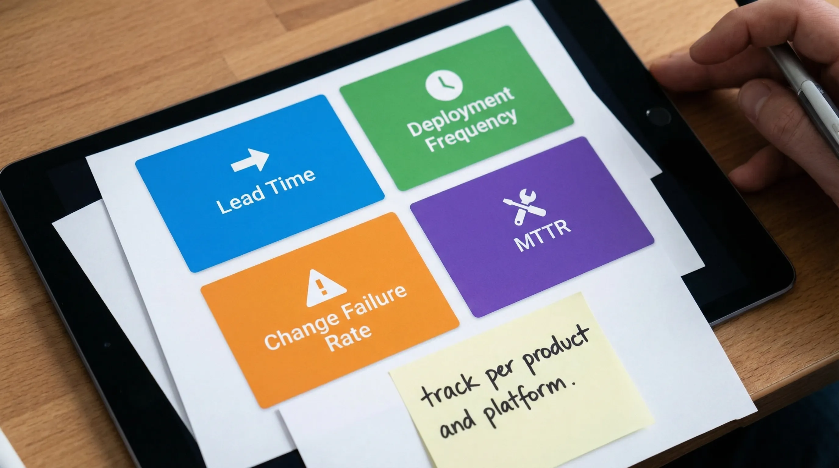 A simple dashboard-style illustration with four tiles labeled Lead Time, Deployment Frequency, Change Failure Rate, and MTTR, plus a note indicating “track per product and platform.”