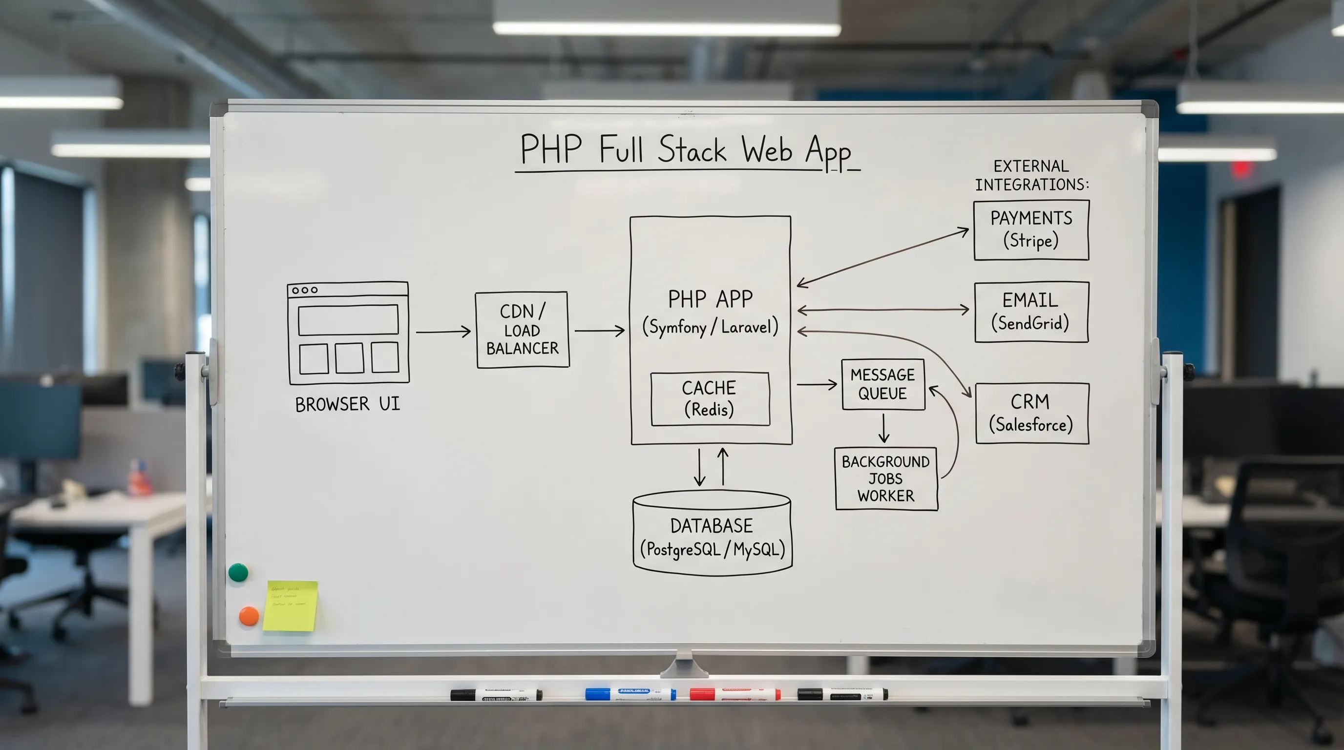 A simple architecture diagram of a PHP full stack web app showing browser UI, CDN/load balancer, PHP app (Symfony/Laravel), cache (Redis), database (PostgreSQL/MySQL), message queue for background jobs, and external integrations (payments, email, CRM), with arrows indicating request flow and async processing.