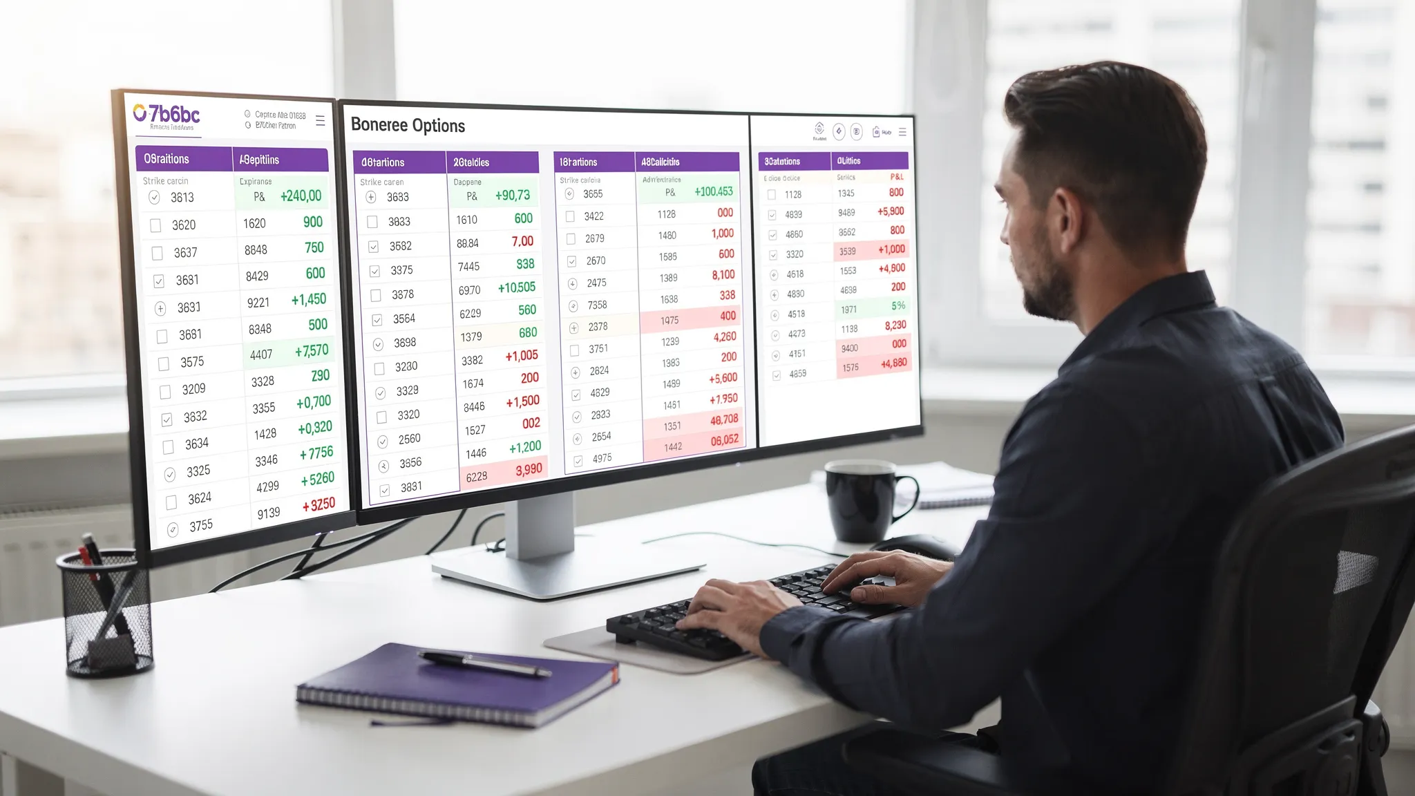 Desktop options interface with open positions, side-by-side expirations, and real-time P&L visible.