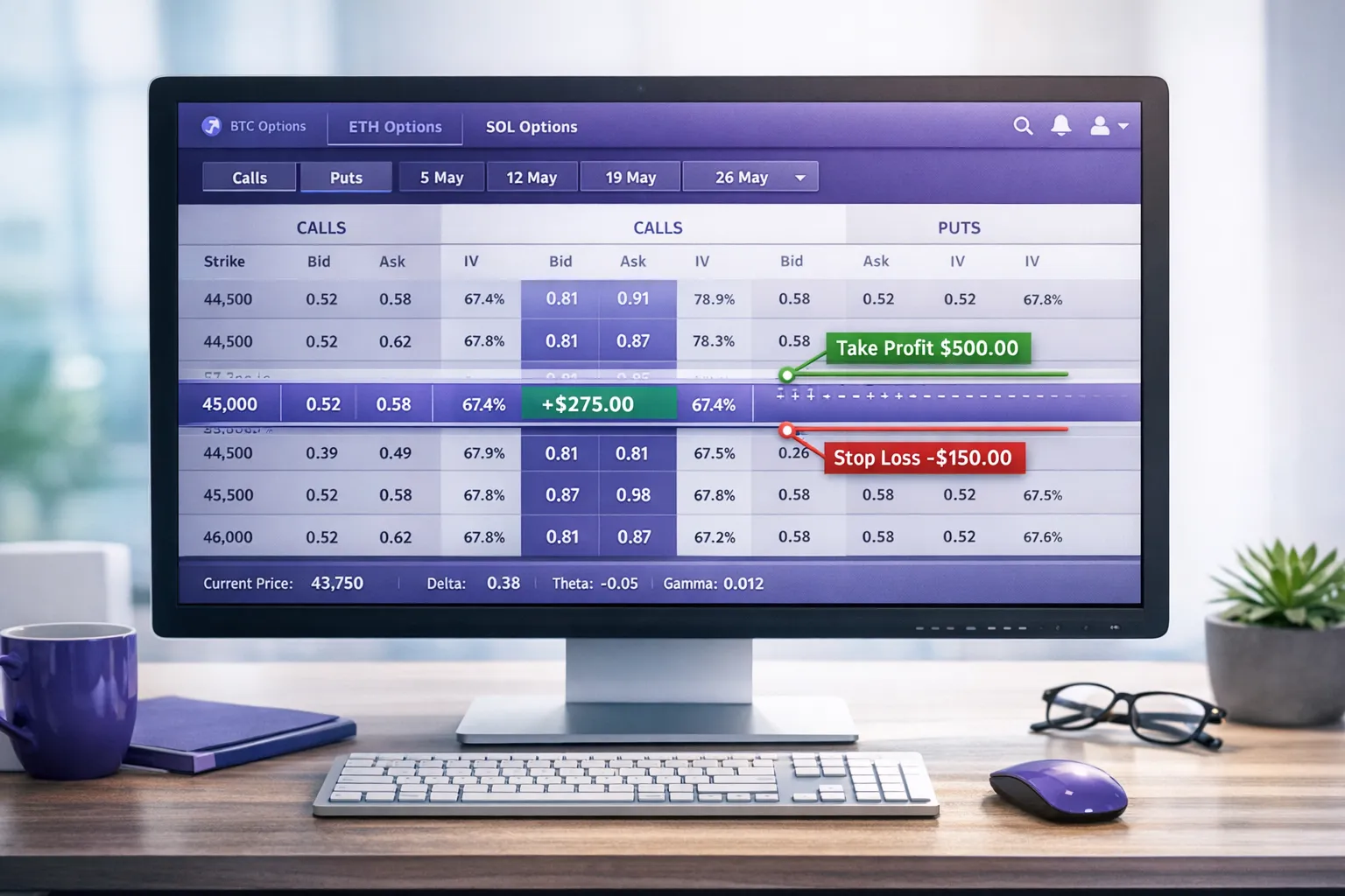 A clean desktop options trading interface showing a multi-chain options view with several strikes and expirations visible at once. A highlighted position row displays real-time P&L, and two clearly labeled lines or markers indicate take profit and stop loss levels for the position.