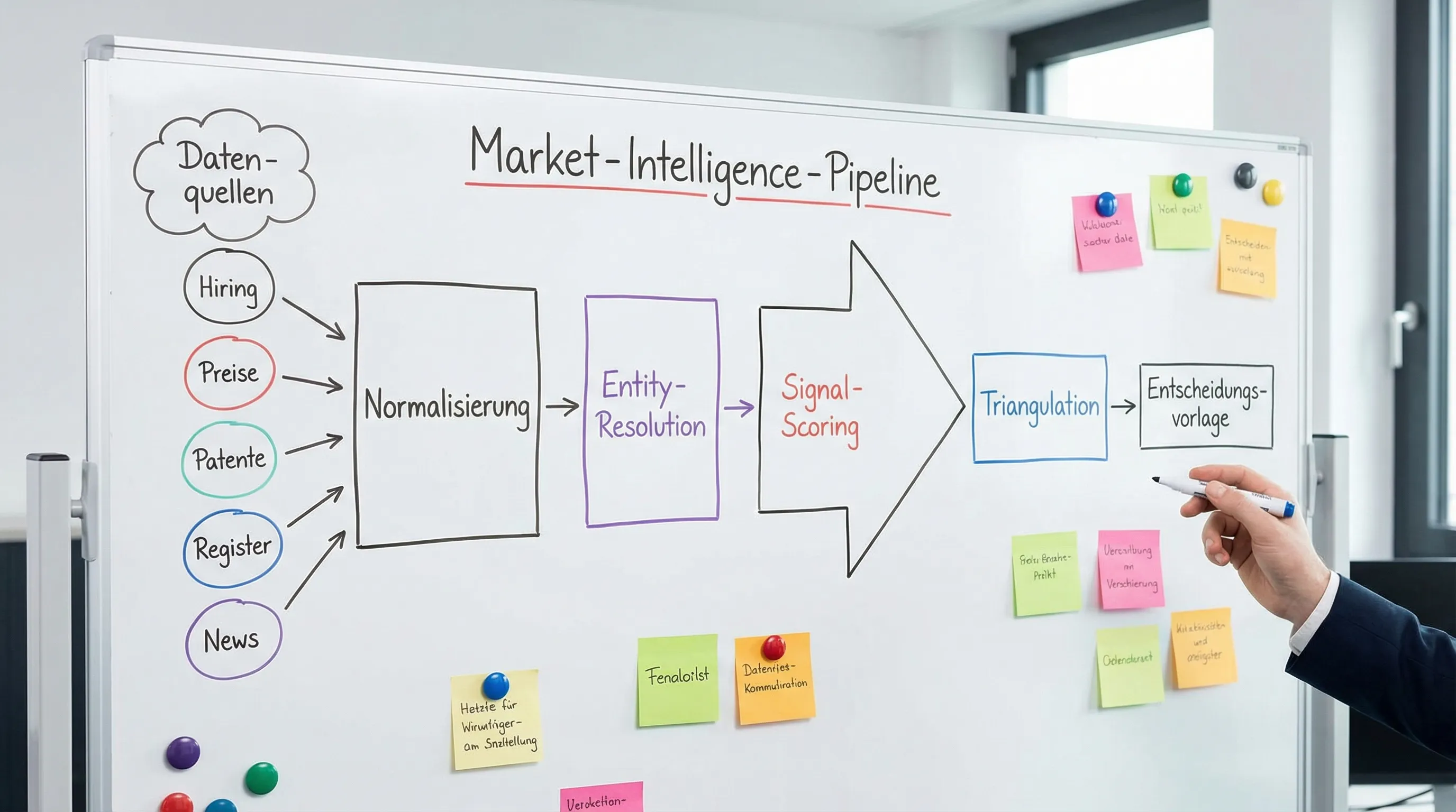 Diagramm einer Market-Intelligence-Pipeline: Datenquellen (Hiring, Preise, Patente, Register, News) fließen in Normalisierung, Entity-Resolution und Signal-Scoring, anschließend in Triangulation und Entscheidungsvorlage.