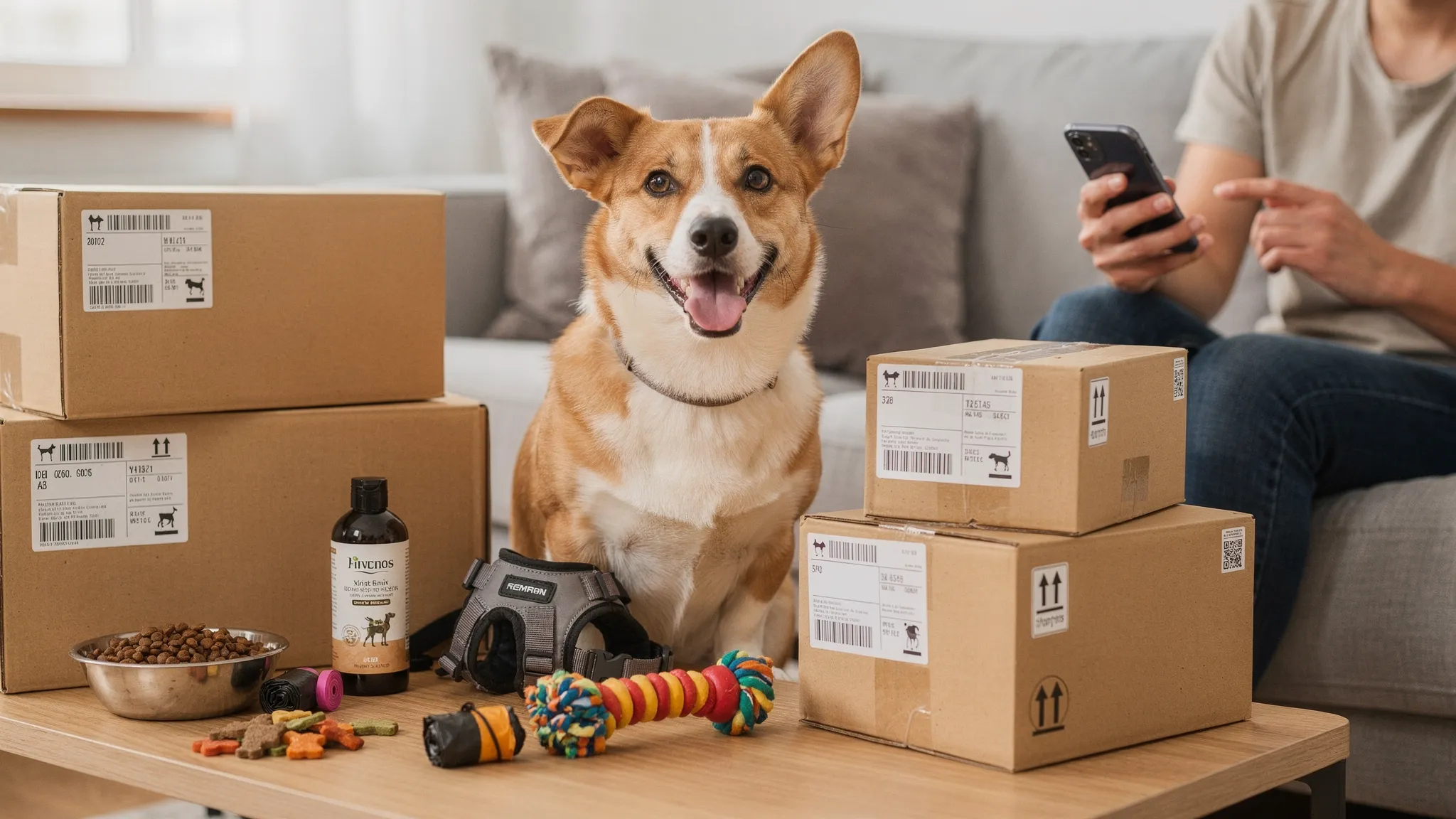 A cheerful medium size dog sitting beside stacked delivery boxes while an owner checks a shopping list of dog supplies on a phone; nearby are kibble, treats, shampoo, a harness, poop bags, and a toy.