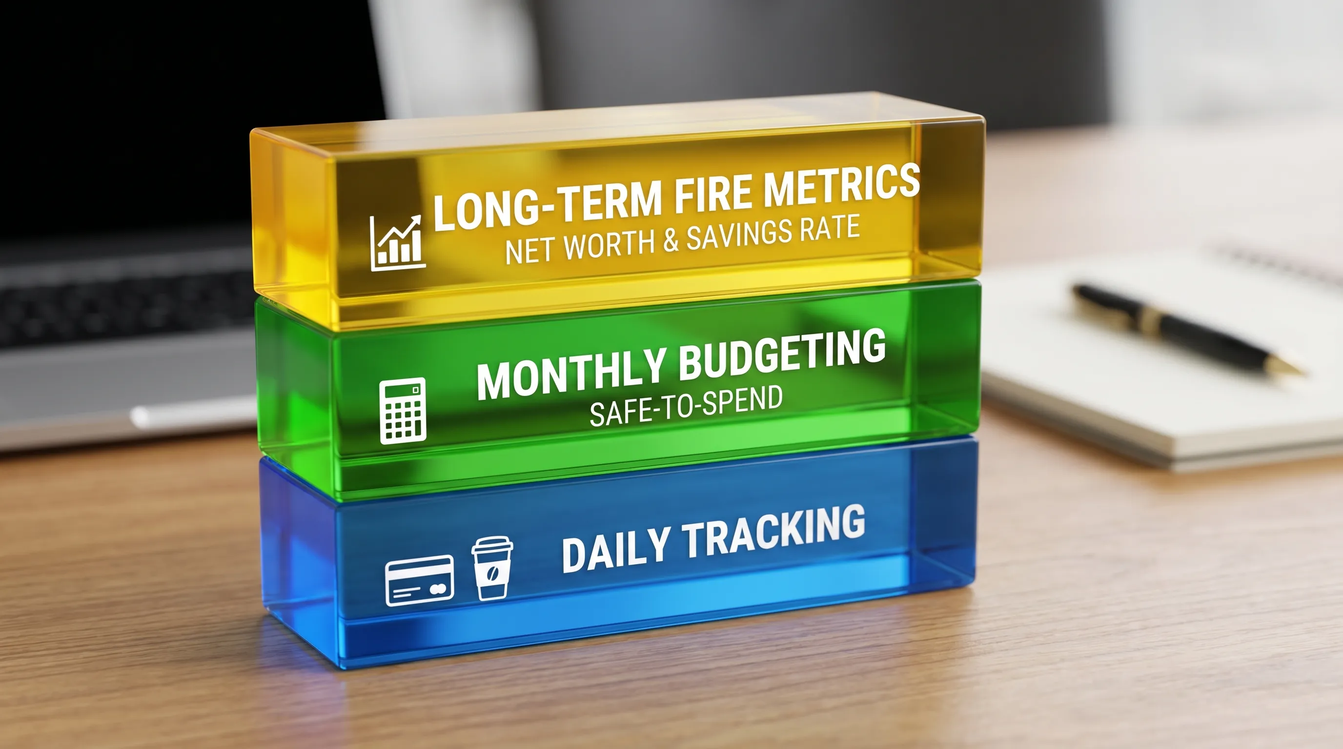 A simple visual showing three layers of a personal finance system: daily spending tracking, monthly budgeting with safe-to-spend, and long-term FIRE metrics like net worth and savings rate, arranged as a clean stacked diagram with short labels.