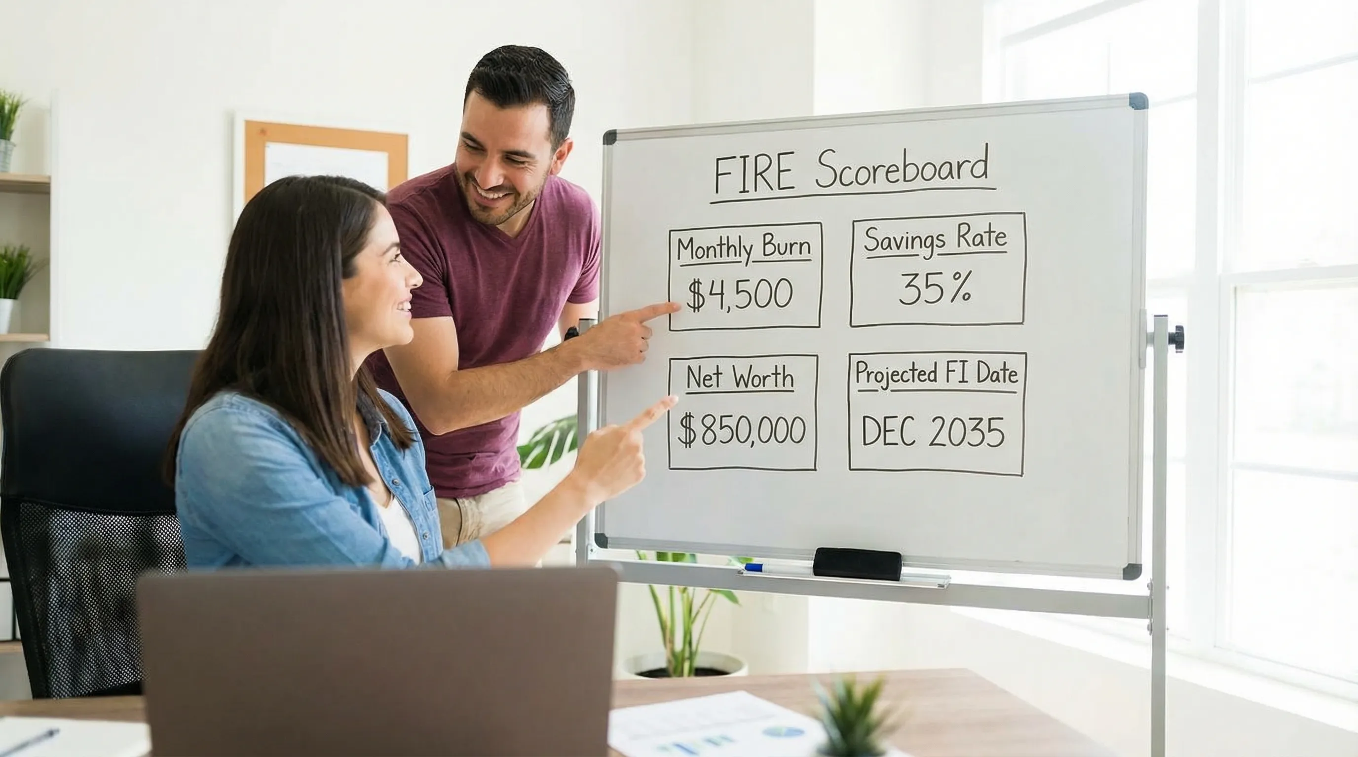 A simple diagram showing a couple’s FIRE scoreboard with four labeled boxes: Monthly Burn, Savings Rate, Net Worth, and Projected FI Date.