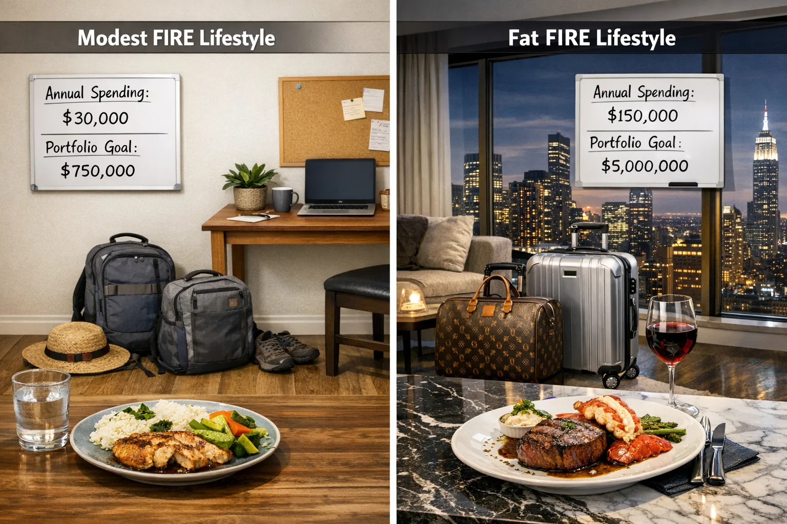 Split-screen illustration: on the left, a modest FIRE lifestyle with a compact home office, simple travel gear, and a home-cooked meal; on the right, a Fat FIRE lifestyle with a city-view condo, business-class luggage, and a chef-prepared dinner. Each side includes a small whiteboard showing annual spending and portfolio targets.