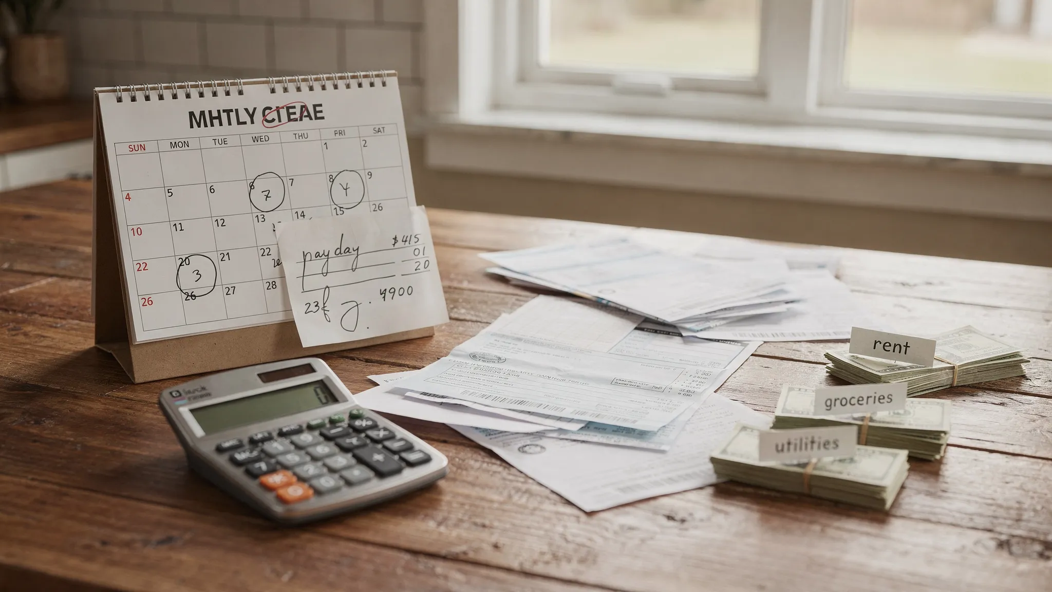 A kitchen table with a calendar, paycheck notes, bills, a calculator, and labeled cash-flow categories showing a simple monthly income planning setup.