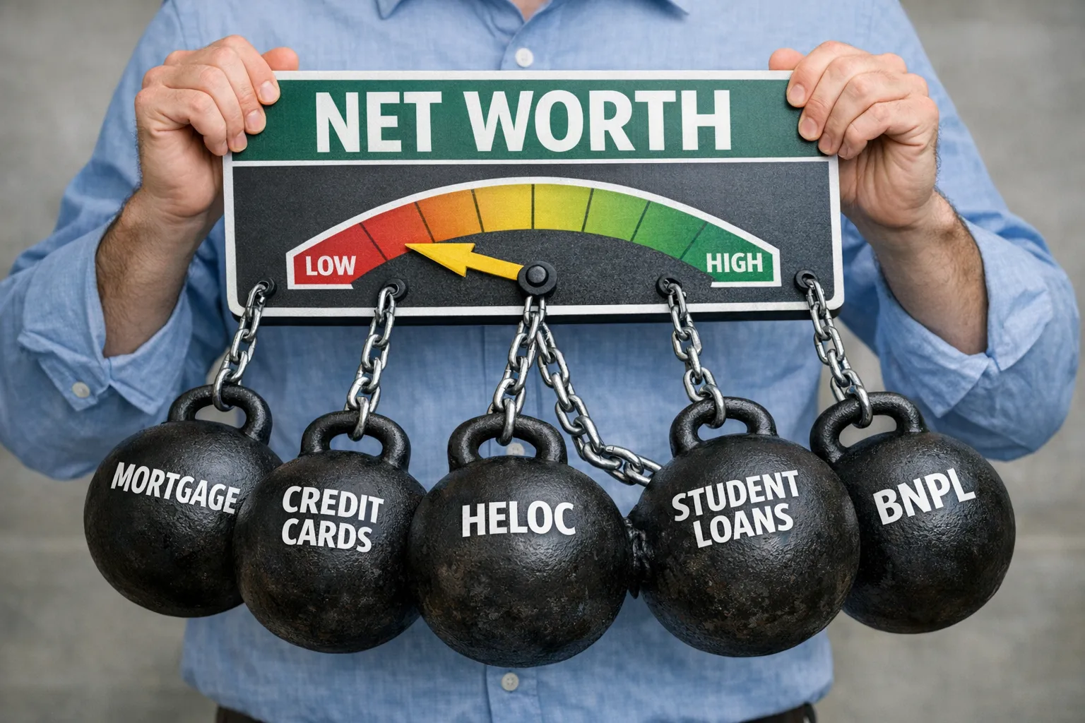 A simple visual showing a person holding a “Net Worth” scoreboard while heavy weights labeled Mortgage, Credit Cards, HELOC, Student Loans, and BNPL pull the scoreboard downward, illustrating how liabilities reduce net worth.