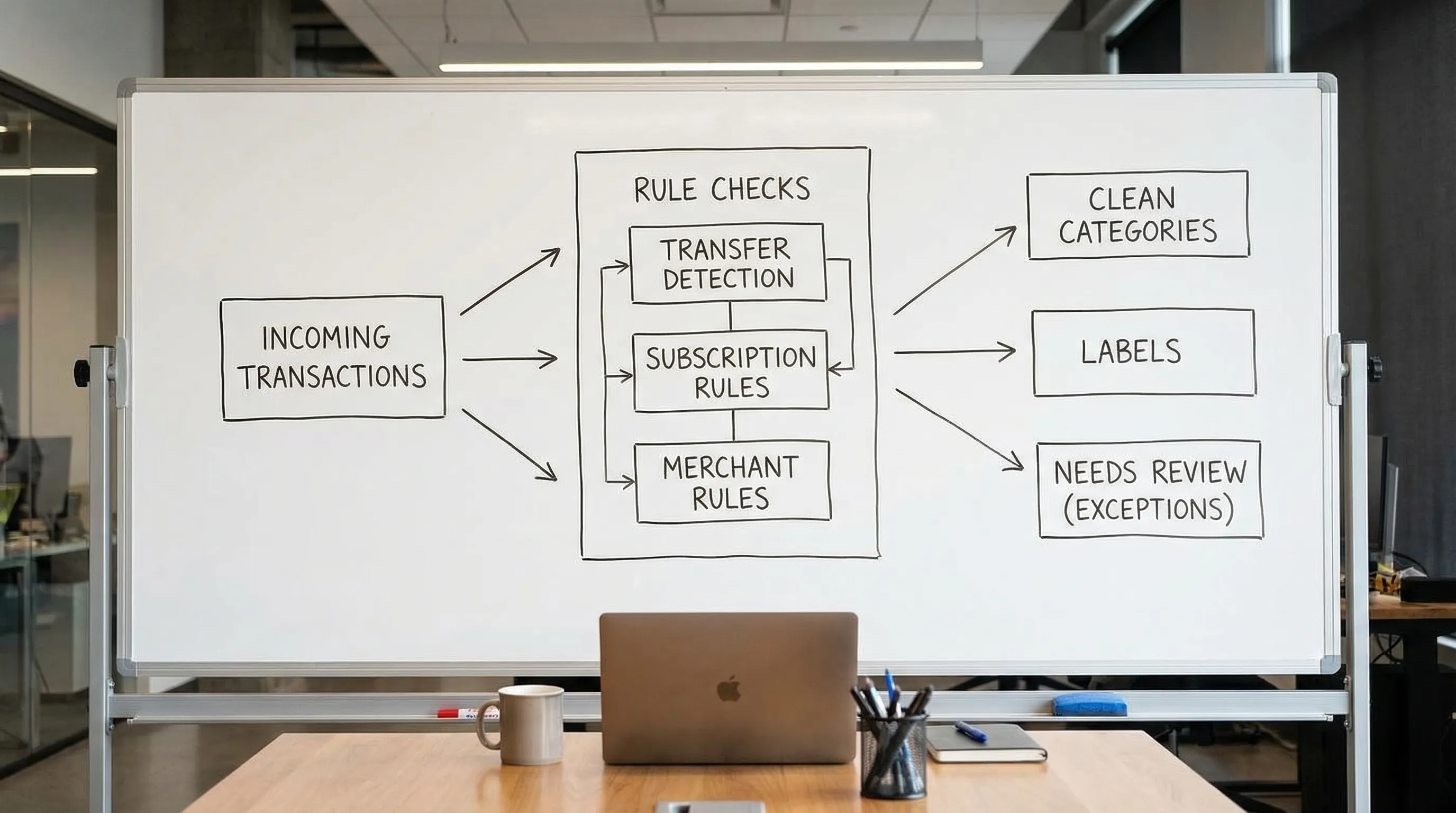 A simple flow diagram showing a finance rules engine: incoming transactions flow into rule checks (transfer detection, subscription rules, merchant rules), then output into clean categories, labels, and a “Needs Review” bucket for exceptions.