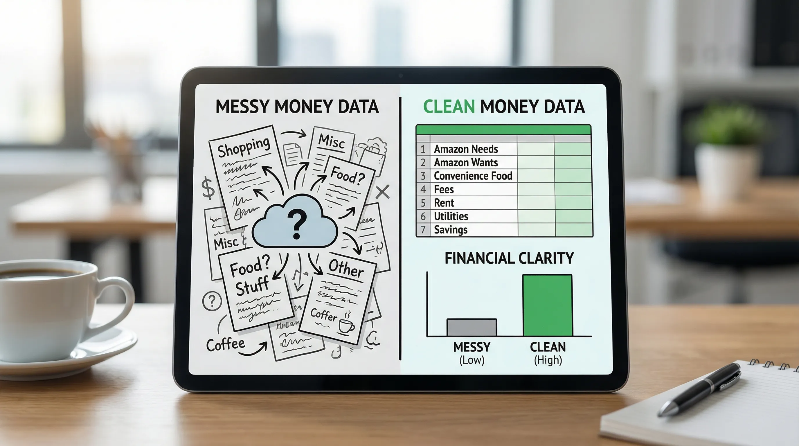A split-screen illustration showing âmessy money dataâ on the left with vague categories like Shopping and Misc, and âclean money dataâ on the right with clear custom categories like Amazon Needs, Amazon Wants, Convenience Food, and Fees, plus a simple bar chart comparing clarity.