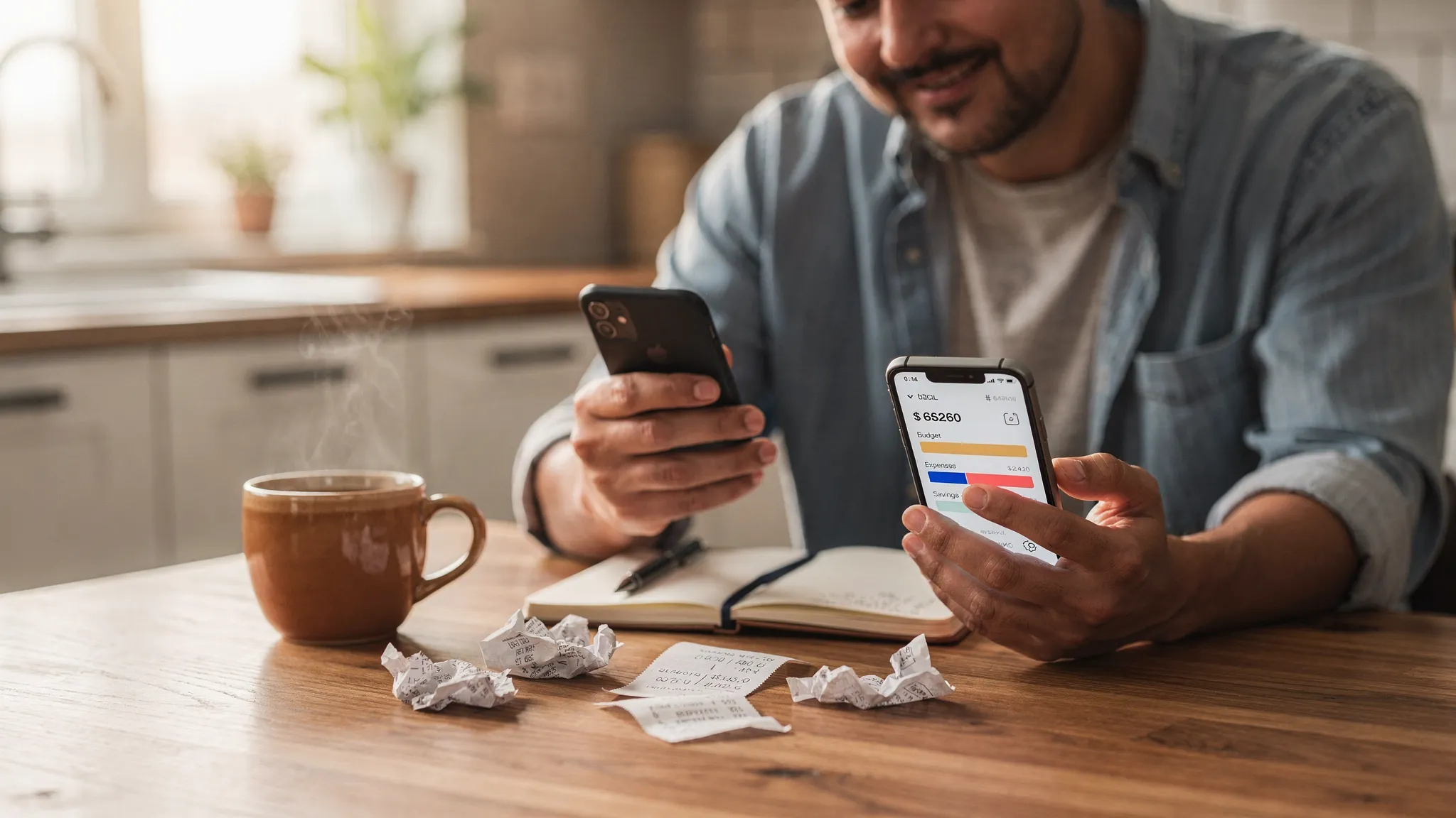 A person at a kitchen table with a few receipts, a coffee mug, and a phone showing a simple budgeting app screen; the person is relaxed, not stressed, with a small notebook nearby for a weekly money check-in.