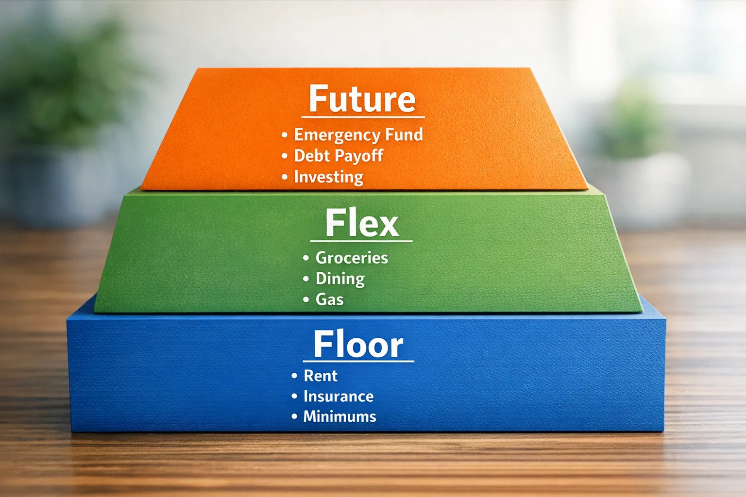 A simple three-layer diagram labeled Floor, Flex, Future, with short examples under each (Floor: rent, insurance, minimums; Flex: groceries, dining, gas; Future: emergency fund, debt payoff, investing).