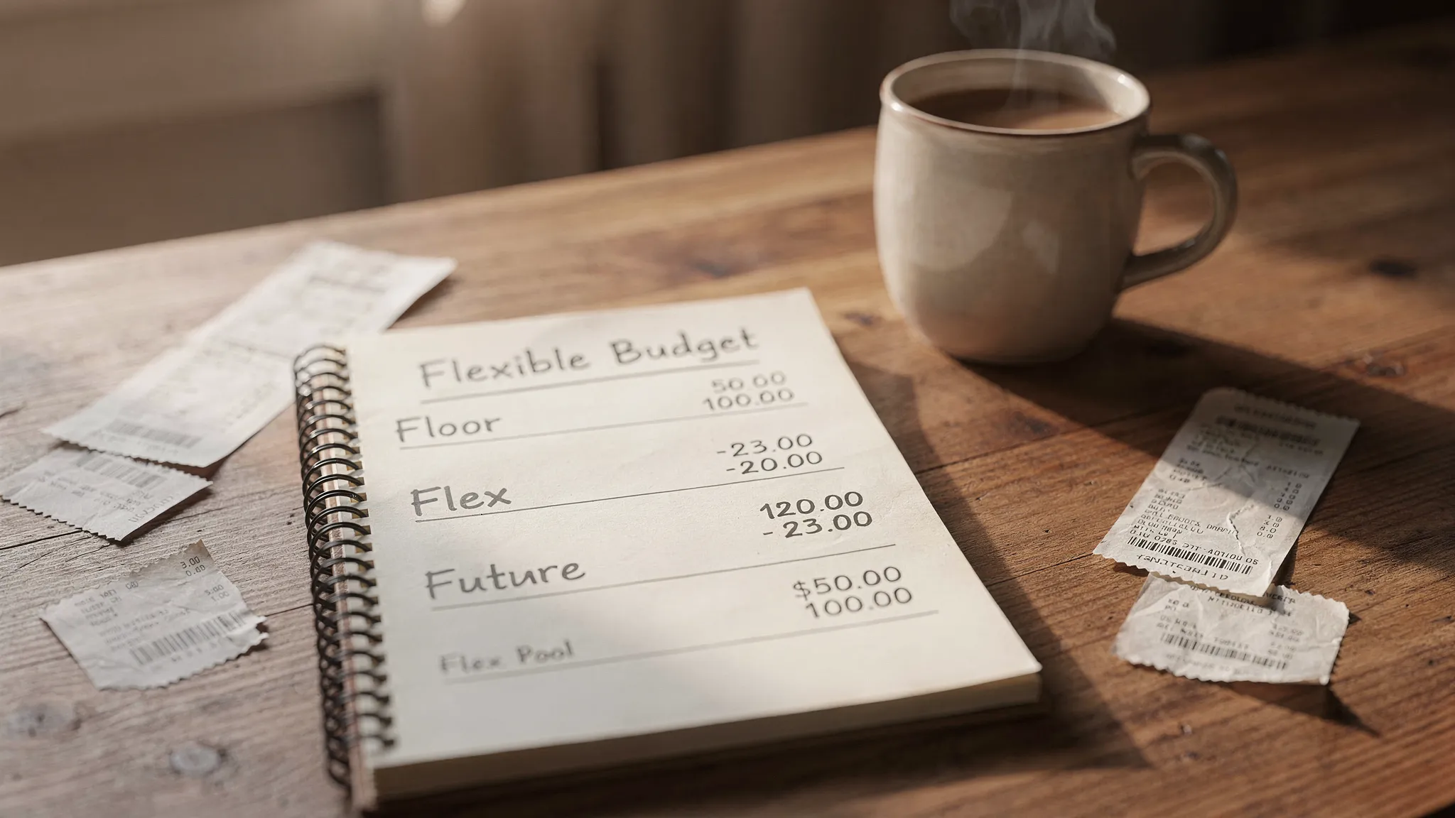 A cozy kitchen table scene with a notebook labeled “Flexible Budget,” a coffee mug, a few receipts, and a simple handwritten breakdown showing Floor, Flex, Future categories with ranges and a small “Flex Pool” line.