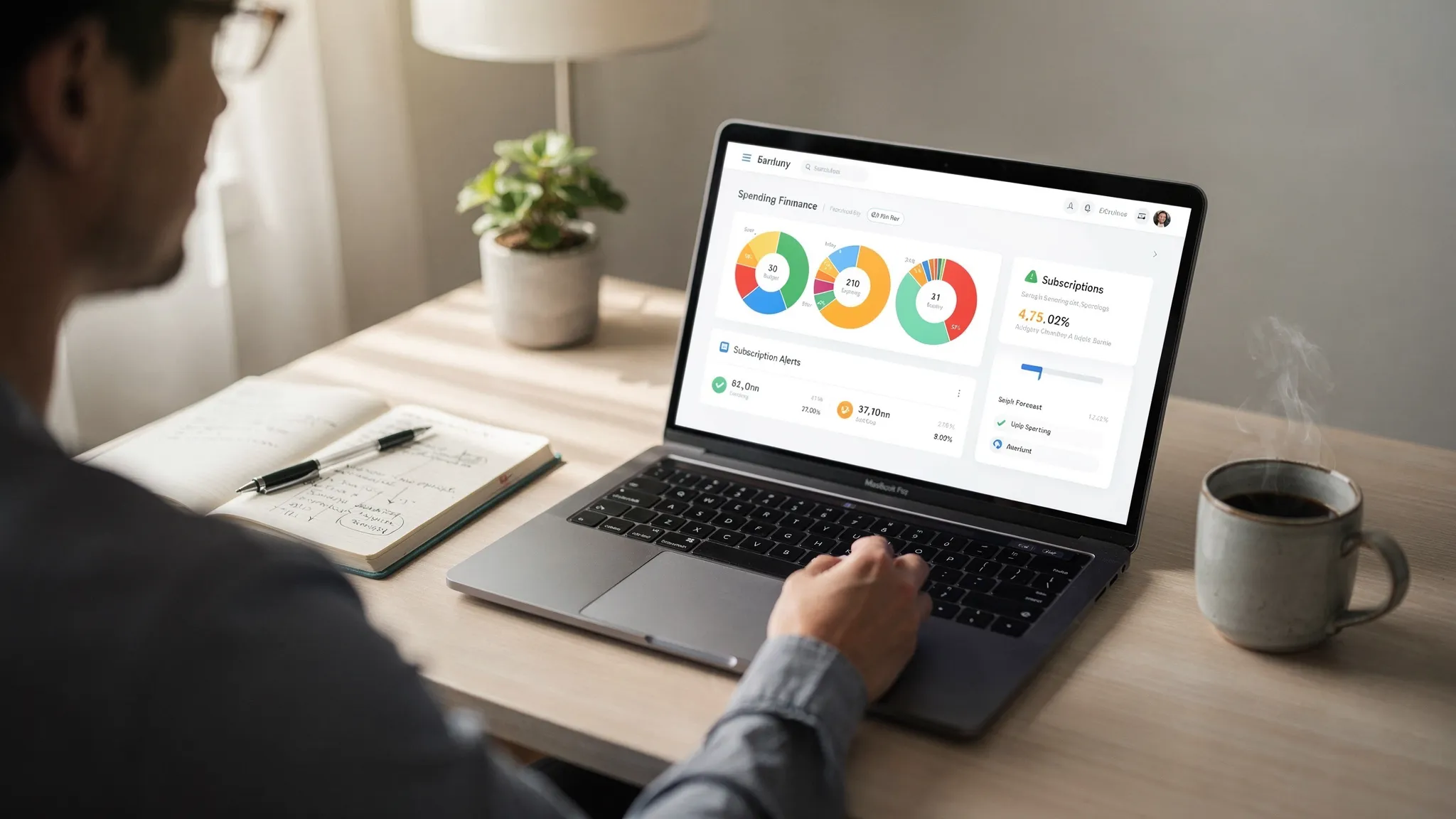 A person reviewing a personal finance dashboard showing spending categories, subscription alerts, and a simple forecast panel; the scene includes a notebook, coffee mug, and a calm home desk setup.