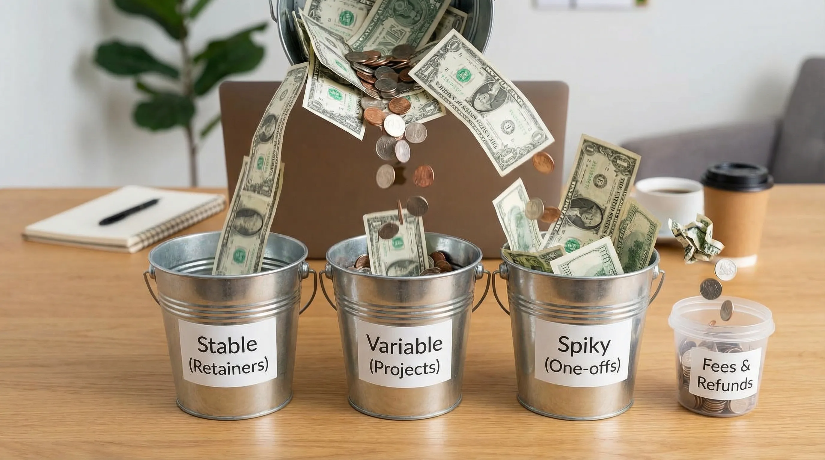 A simple visual of freelance income deposits flowing into three labeled buckets: Stable (retainers), Variable (projects), and Spiky (one-offs), with a small side bucket for fees and refunds.