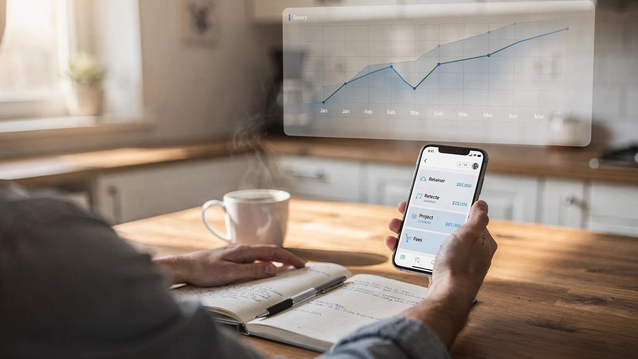 A freelancer at a kitchen table with a notebook and coffee, checking a phone banking app with clearly labeled income categories like Retainer, Project, and Fees, with a calm monthly trend chart in the background.