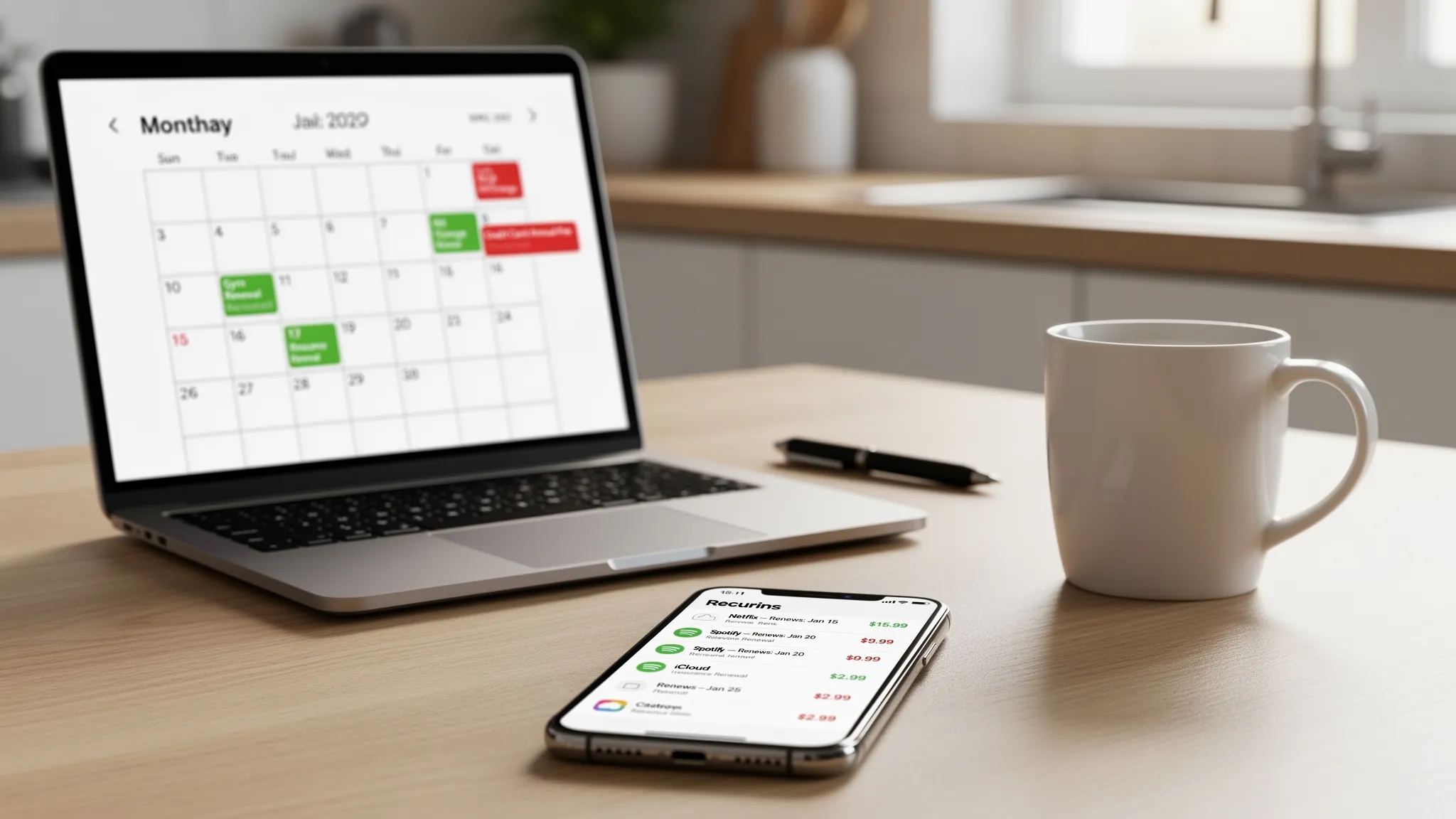A smartphone on a kitchen table shows a clean list of recurring subscriptions with renewal dates and monthly costs; beside it, an open laptop displays a month-view calendar with a few upcoming renewal reminders highlighted in green and red, along with a coffee mug and a pen.