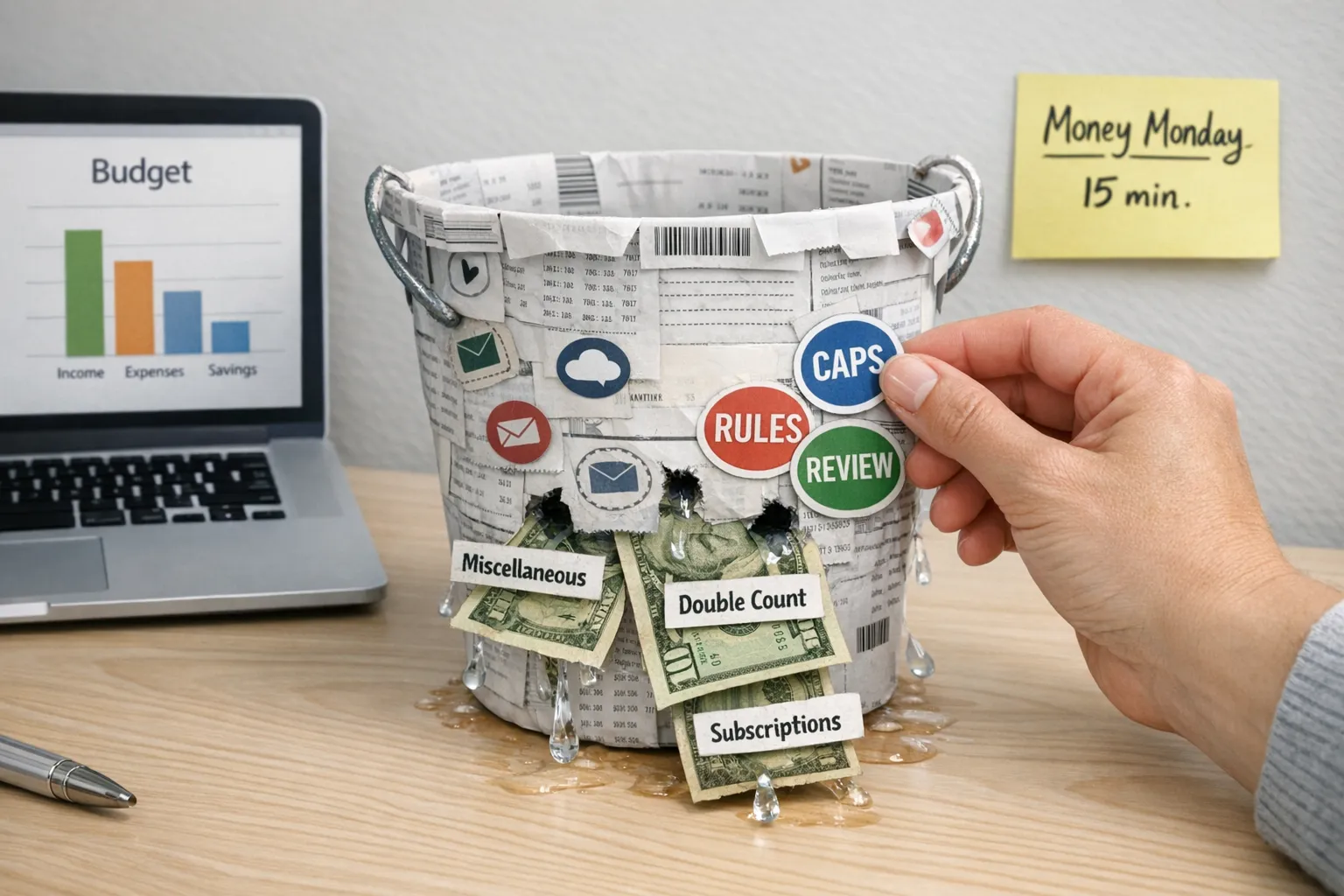 A stylized leaky bucket made from receipts and subscription icons, with dollar bills dripping out labeled “miscellaneous,” “double count,” and “subscriptions,” while a hand patches holes with stickers reading “caps,” “rules,” and “review,” set on a clean desk beside a laptop showing a simple budget chart and a sticky note that says “Money Monday, 15 min.”
