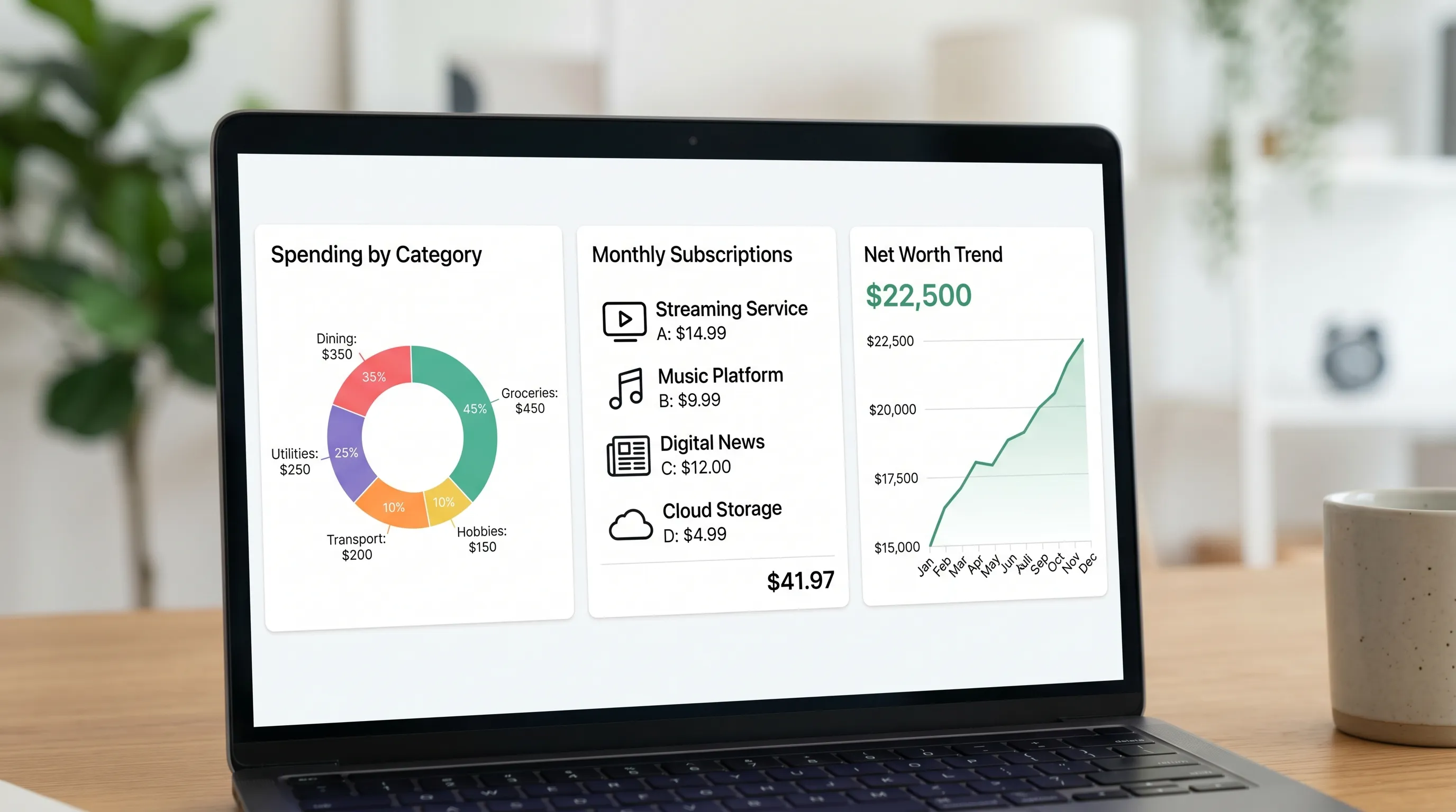 A clean, modern personal finance dashboard concept showing three panels: spending by custom categories, subscription list with monthly totals, and a net worth trend line. No brand names or real bank logos.