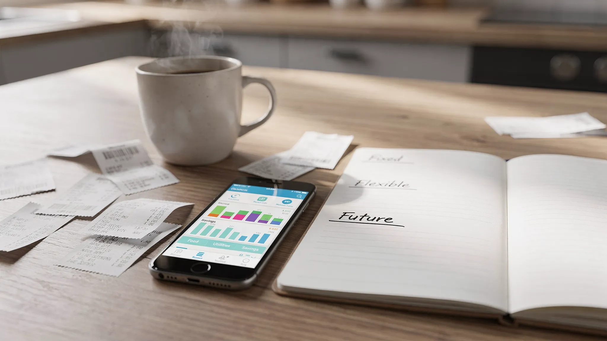 A kitchen table with scattered receipts, a coffee mug, and a smartphone showing a budgeting app screen (screen facing the viewer). A notepad has three headings: Fixed, Flexible, Future.