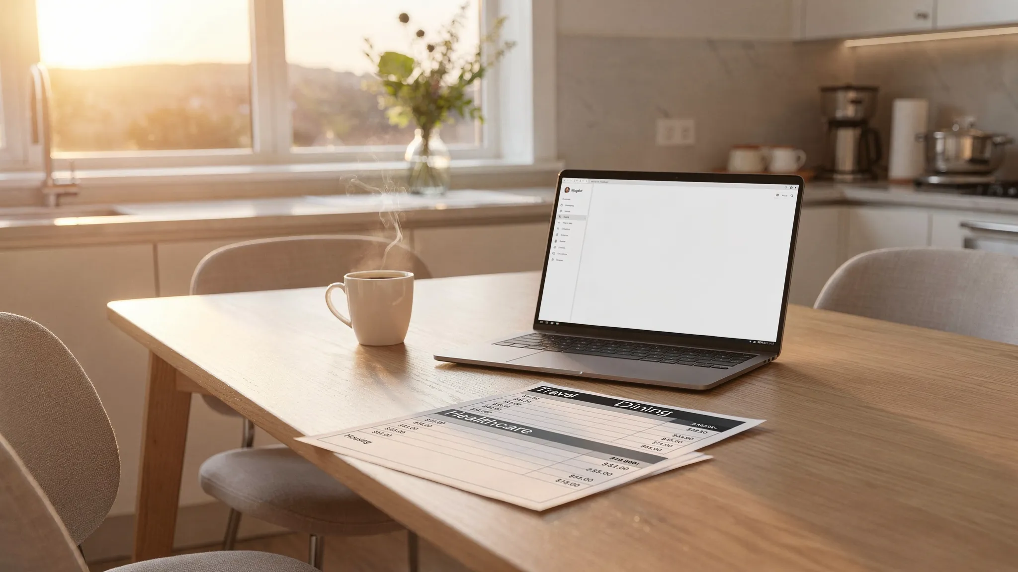 A clean, modern kitchen table at sunrise with a laptop, coffee, and a printed budget showing line items for travel, dining, healthcare, and housing. The scene suggests calm control over a high-comfort lifestyle without obvious extravagance.