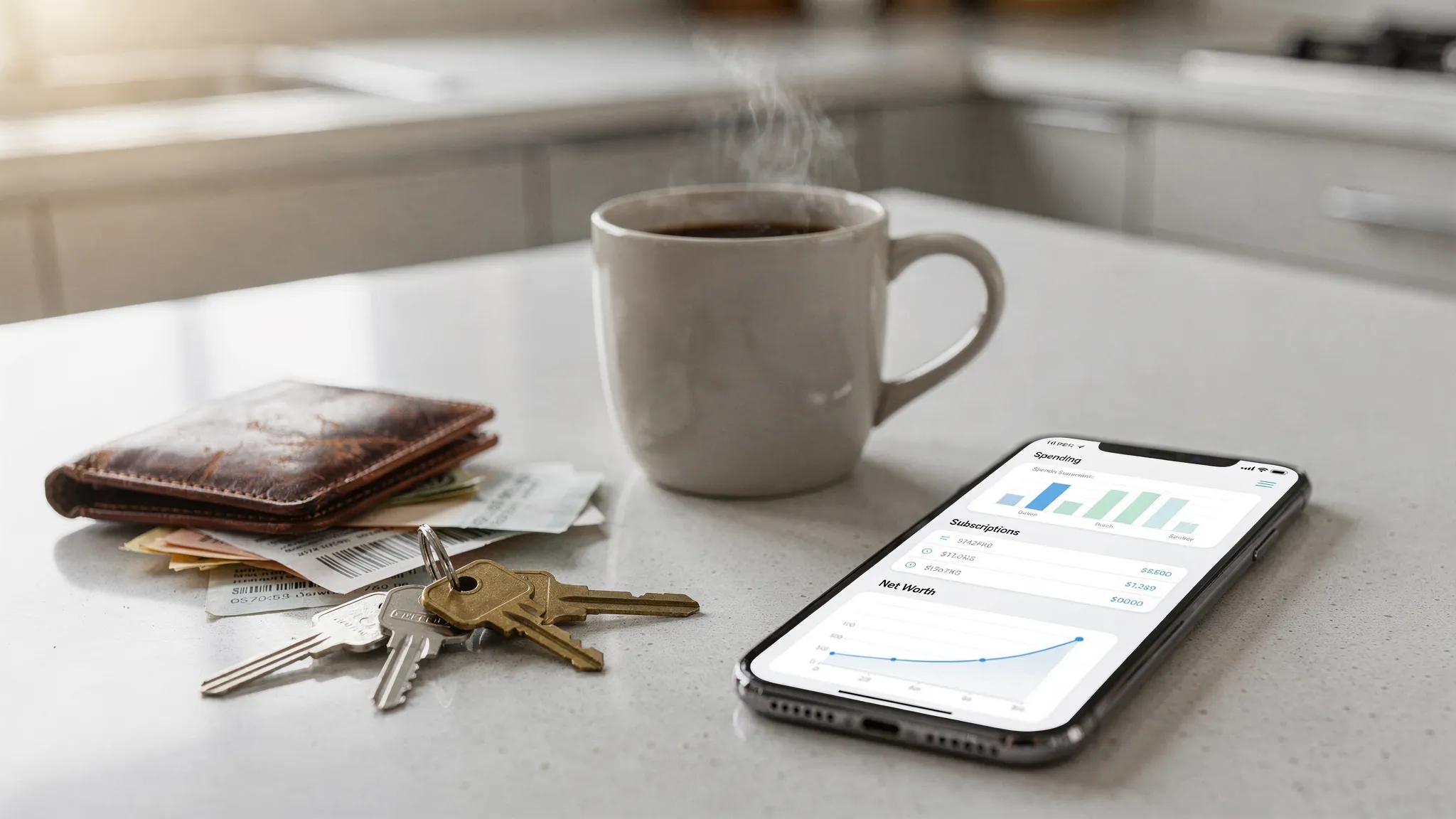 A busy kitchen counter with a coffee mug, keys, wallet, bills, and a phone lying screen-up showing a simple finance dashboard with spending, subscriptions, and net worth charts facing the viewer in the correct direction.